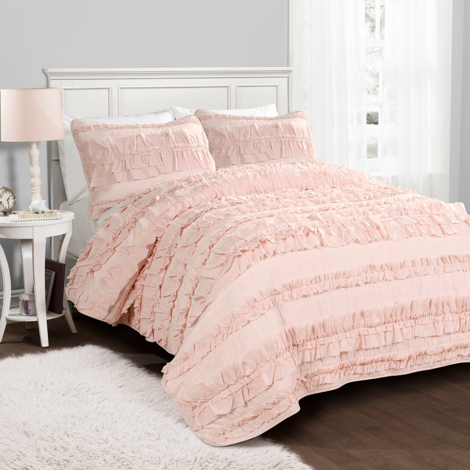 Pink Blush Cotton Twin Reversible Ruffled Quilt Set