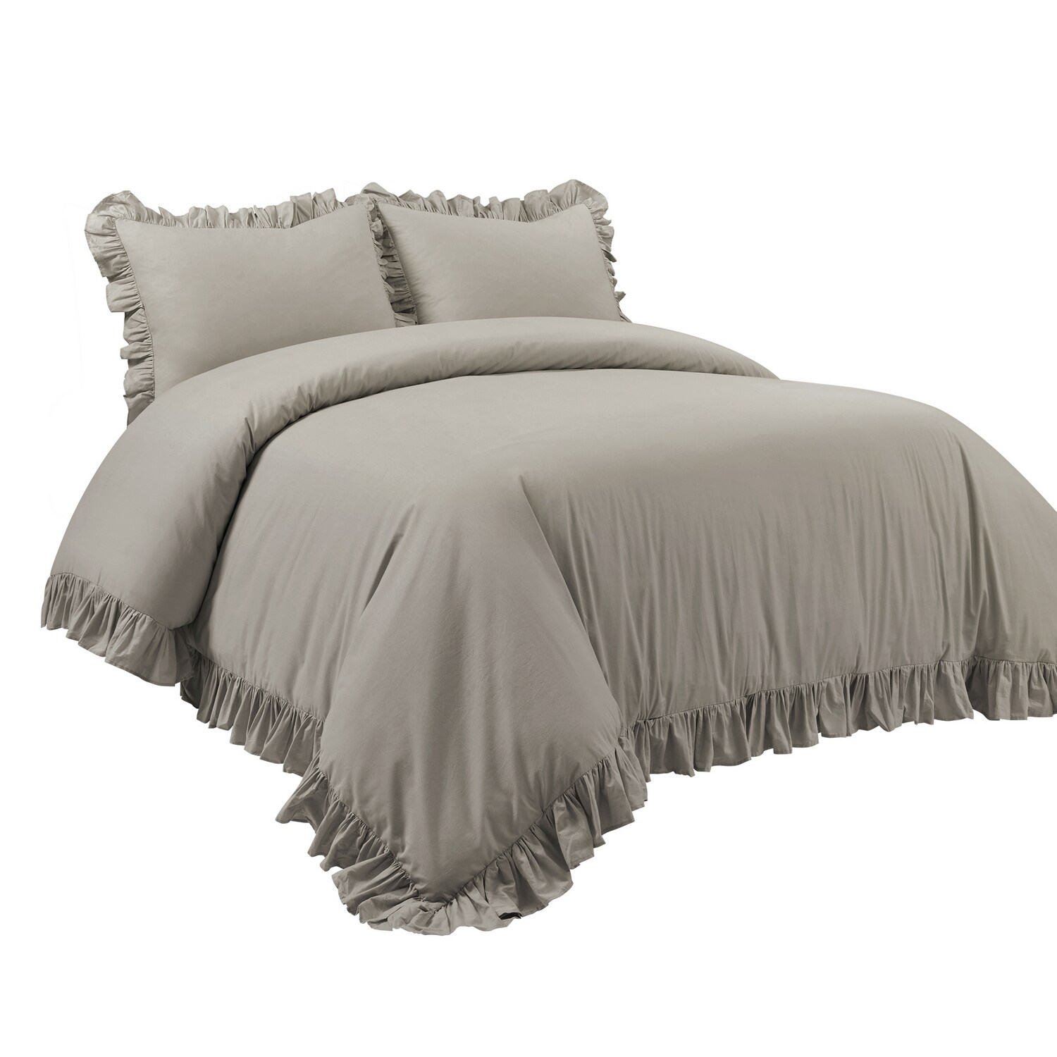 Gray Full/Queen Cotton Ruffled Duvet Cover Set