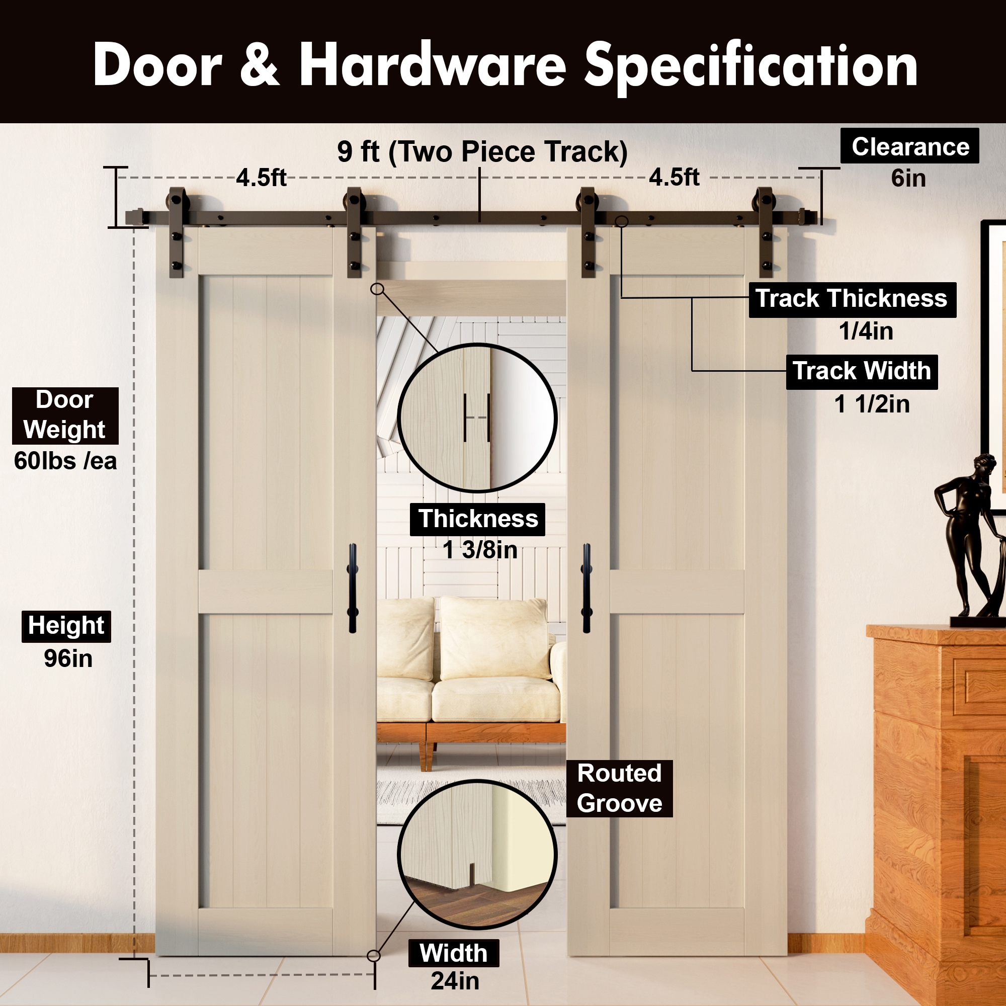 HOMACER YT2TGH108C-2496-H-TG Barn-Doors - View #7