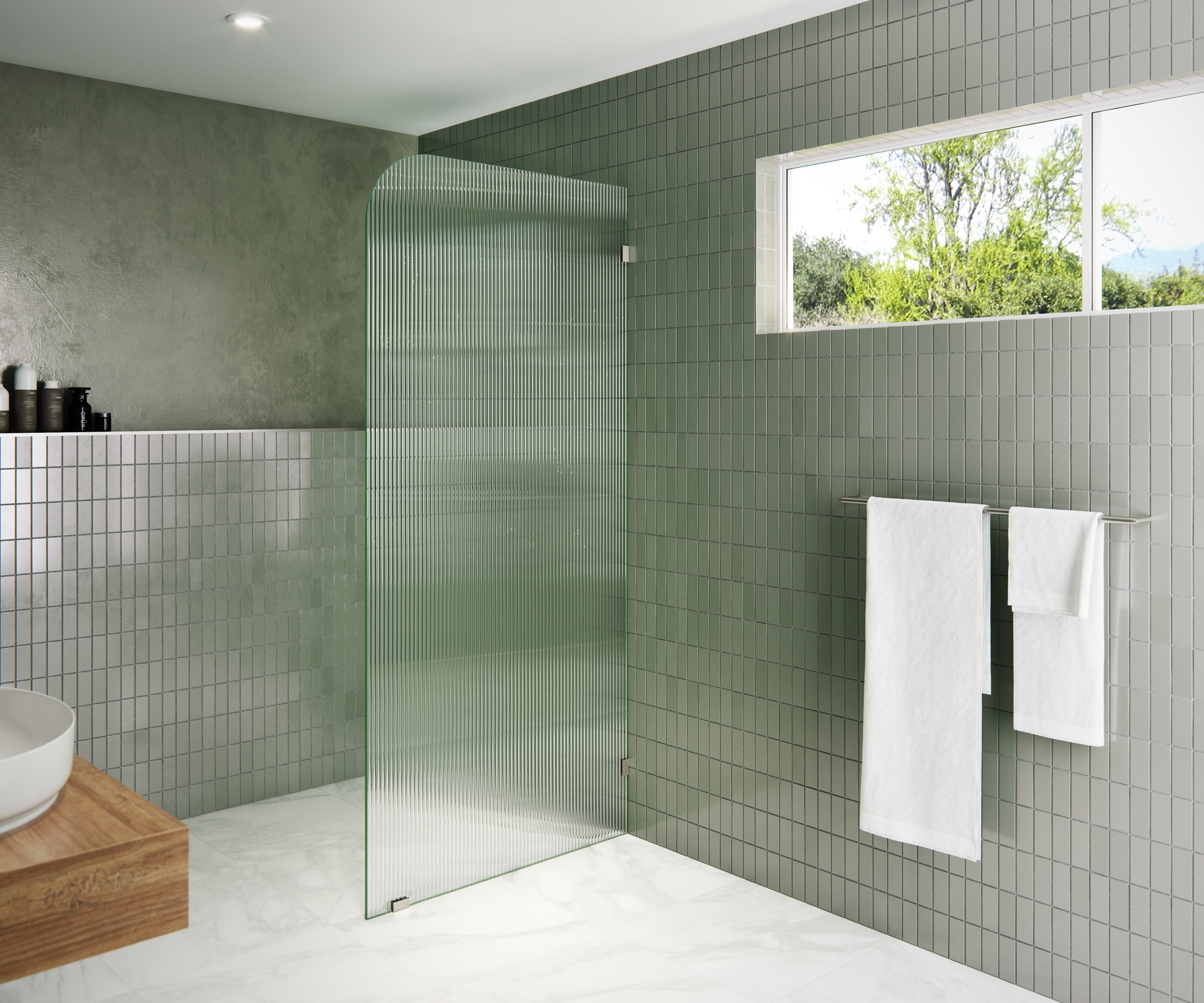 Glass Warehouse FL-RAD-34-R-BN Aurora Brushed Nickel 34-in W x 78-in H Frameless Tempered Glass Fixed Shower door