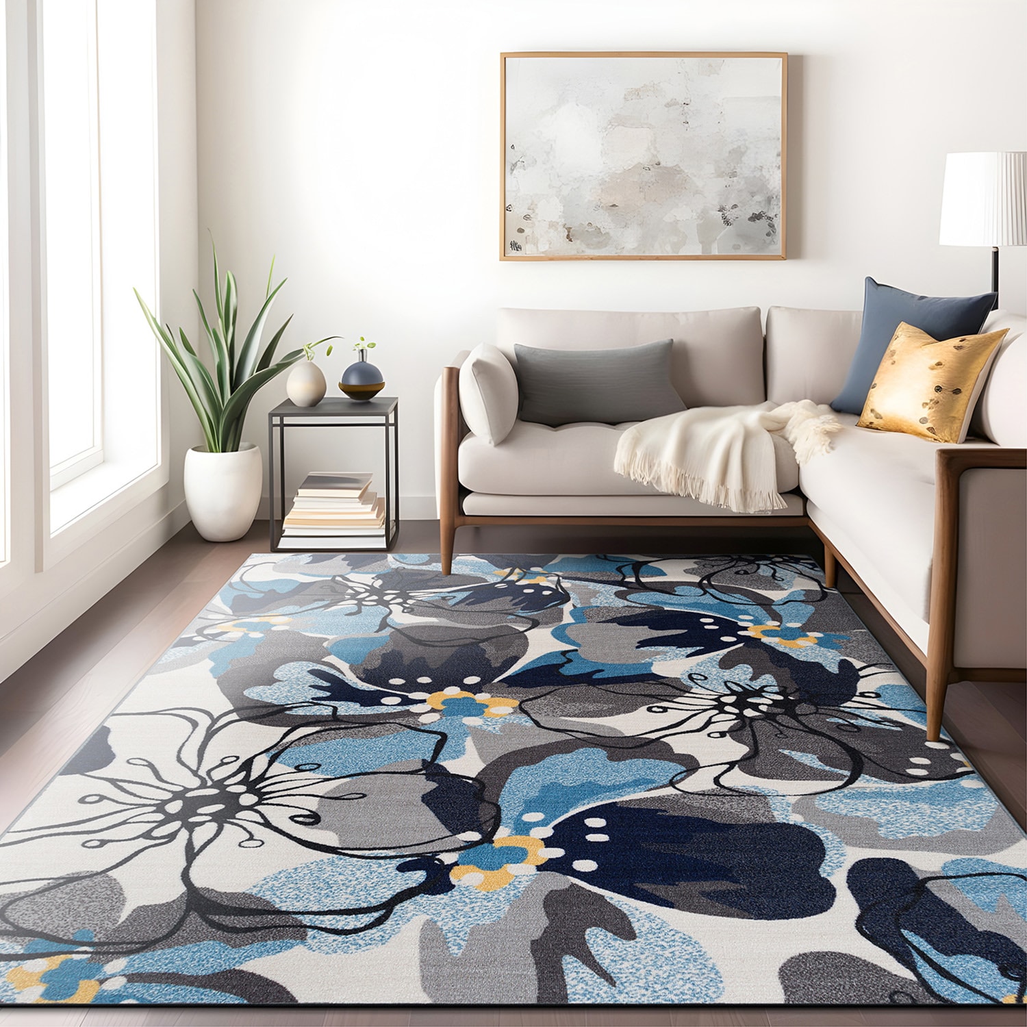 Gray and Blue Floral Synthetic Rectangular Area Rug