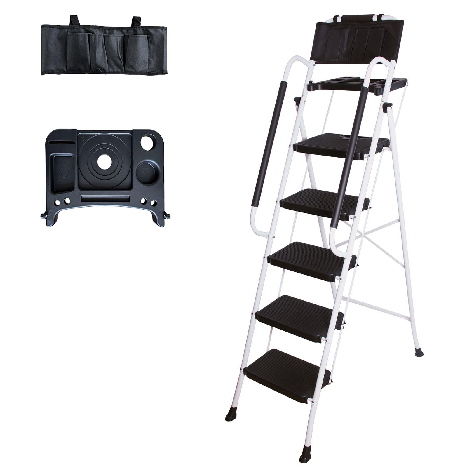 Oyezvary  5 Step Ladder with Handrails Tool Tray and Tool Bag 330 Pounds Capacity Steel Frame Foldable durable home and garden accessory designed