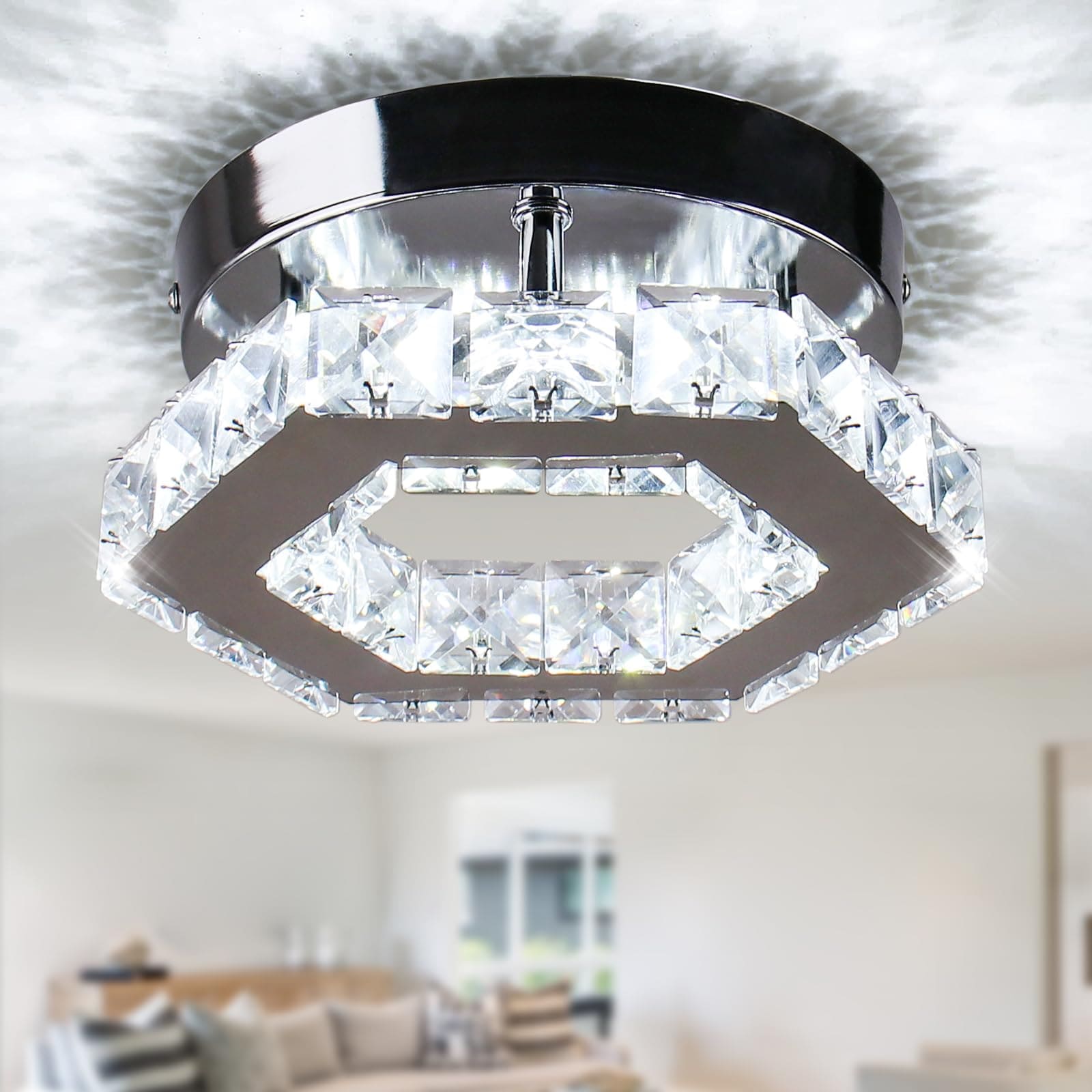 IUEST  Mini Chandelier Crystal LED Ceiling Light Fixture Modern Pendant Lamp Semi Flush Mount for Hallway Staircase Kitchen Bedroom Dining Room
