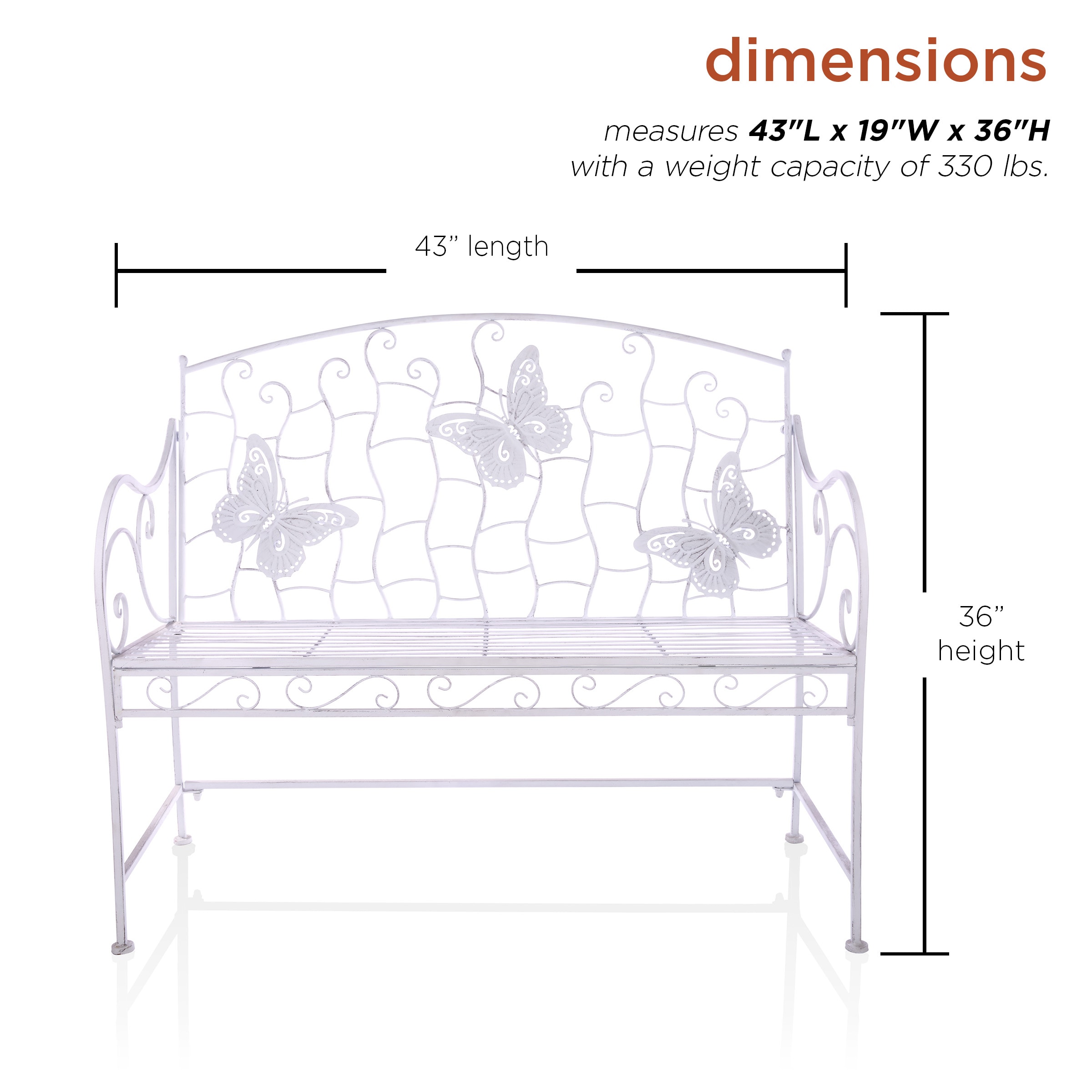 White Metal Butterfly Backrest Garden Bench, 43"