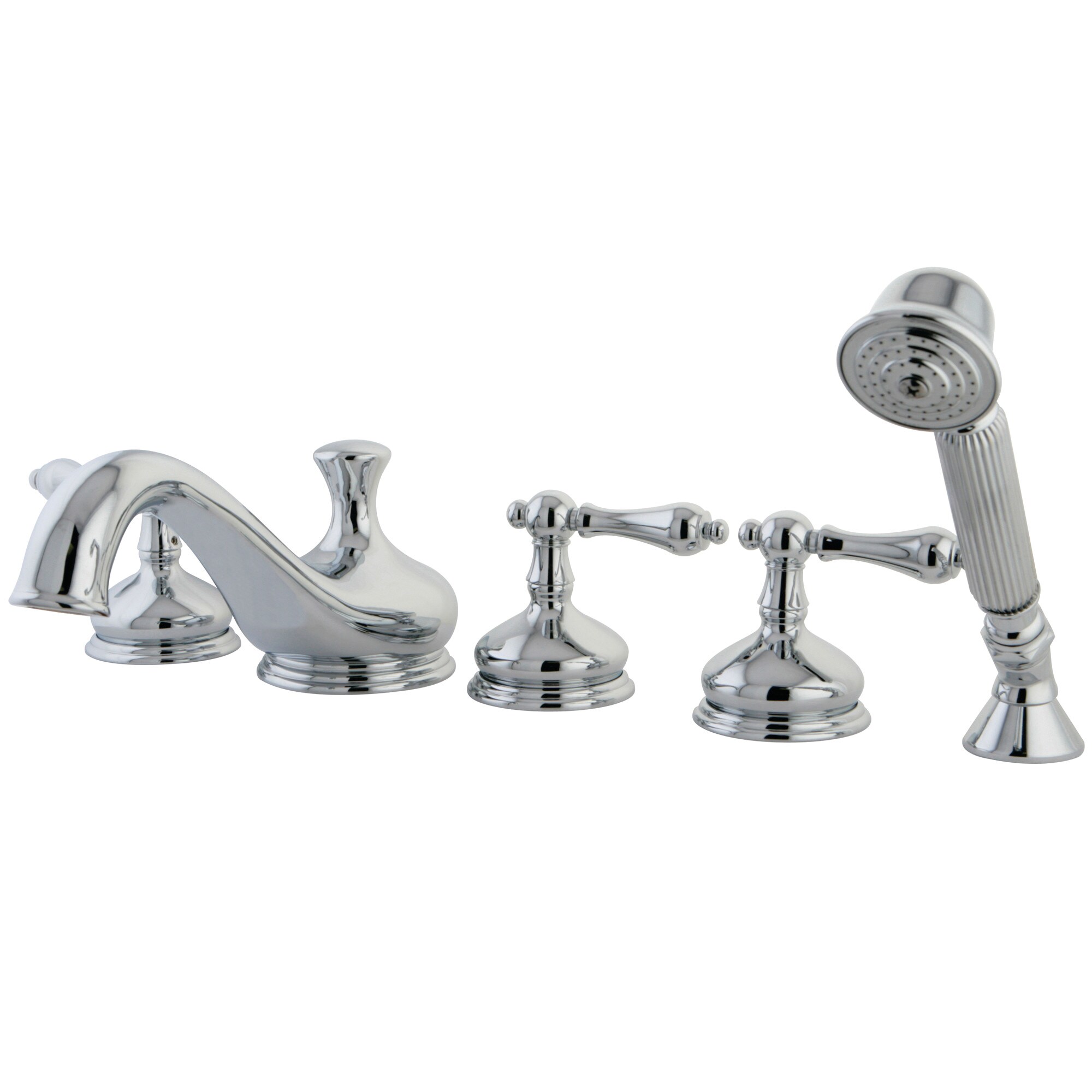 Kingston Brass WLKS33315AL Restoration Polished chrome 3-handle Deck-mount Roman Low-arc Bathtub Faucet with Hand Shower ( Valve Included )