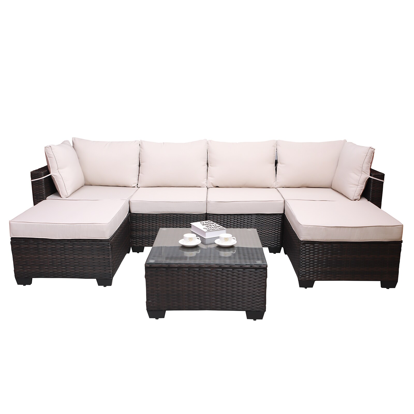 Siavonce ZX-20MJ7 Rattan Outdoor Sofa with Beige Cushions and Iron Frame