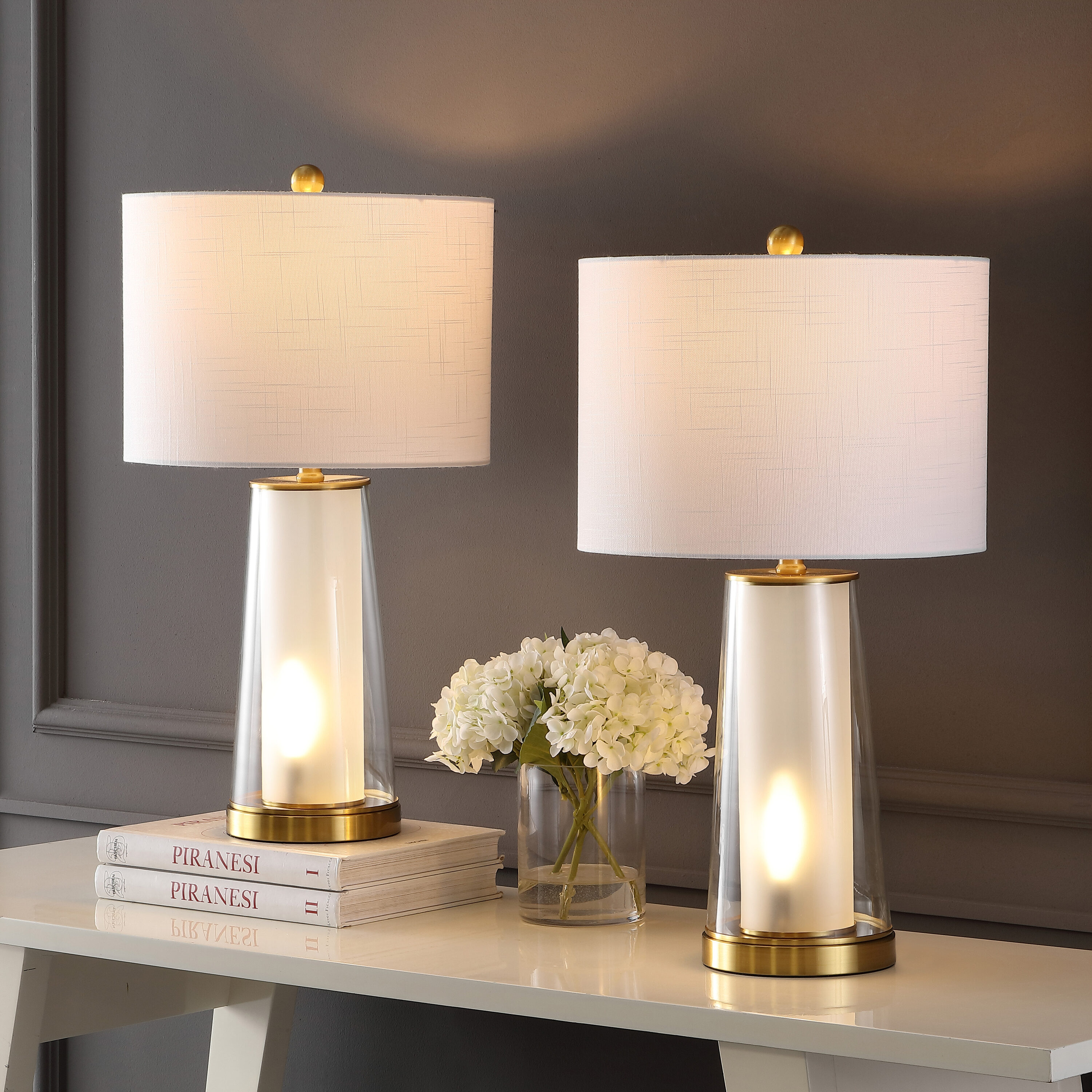 JONATHAN  Y JYL1137A-SET2 Tryon Glass/Iron Nightlight Minimalist 26-in Clear/Brass Gold LED Rotary socket Table Lamp with Fabric Shade 2 -Set