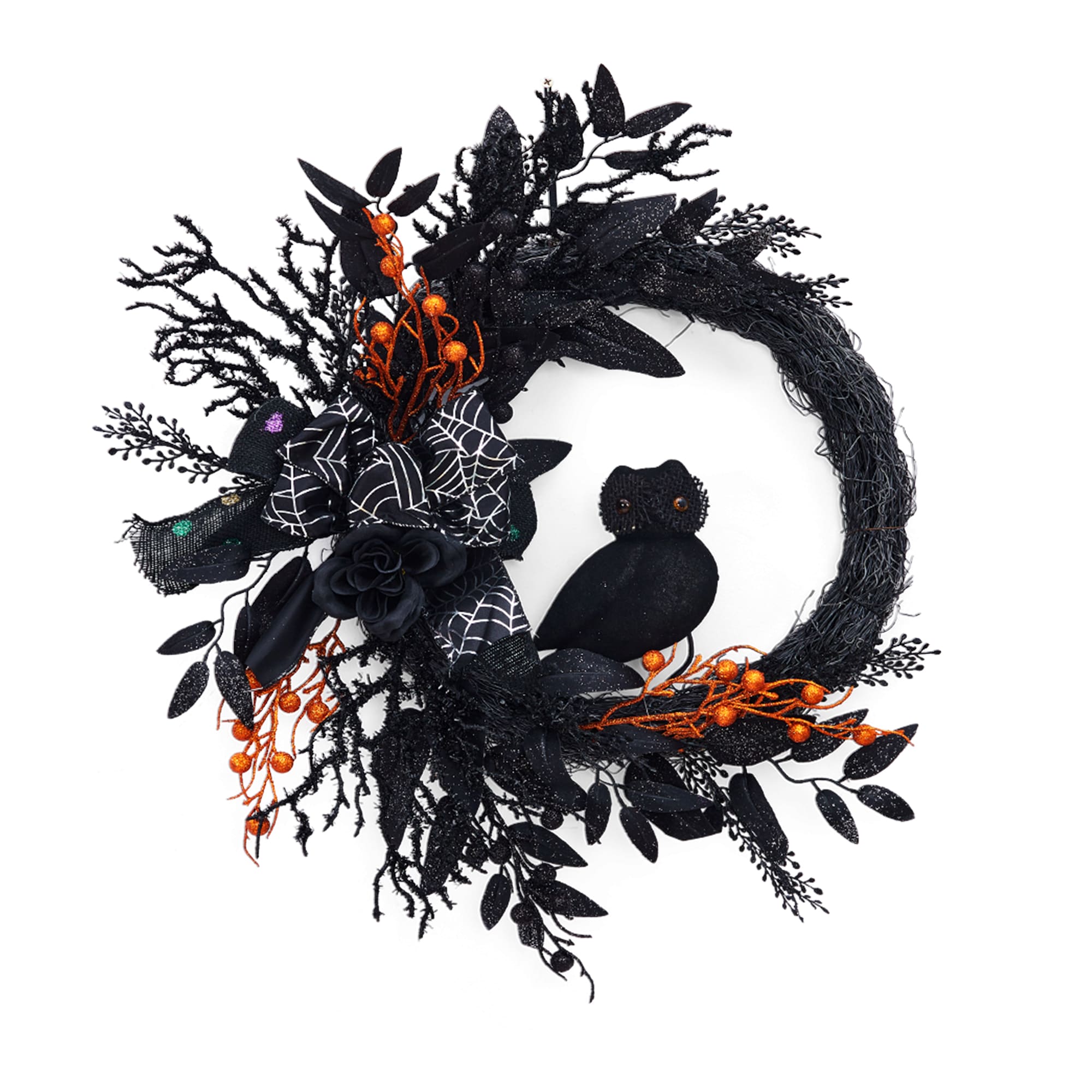 Aoile 20 Inch Halloween Owl Wreath-Halloween Garland with Natural Vines and Black Artificial Roses for Door Porch Wall- Outdoor or Indoor Party Home Decor