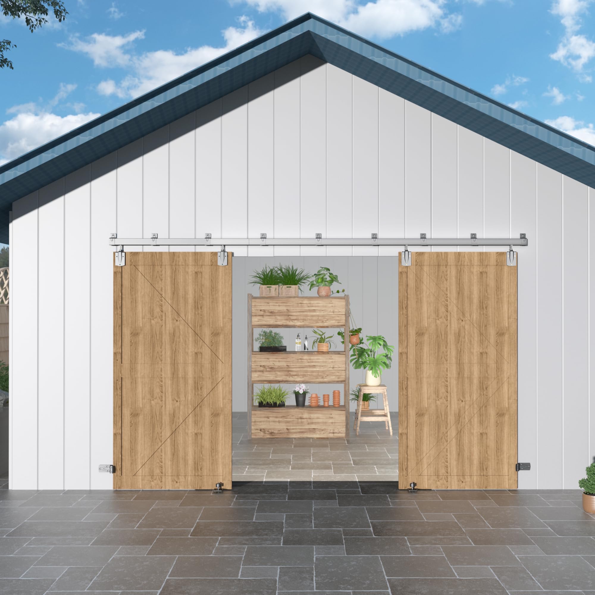 CYIKE  16FT Heavy Duty Box Rail Exterior Barn Door Hardware Kit Sliding Door Hardware for Two Doors 450 lbs Capacity Silver