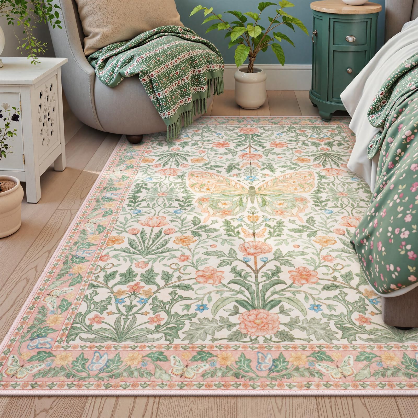 Lahome AR-DYR-468-P1 5 x 7 (ft) Pink GST Morris Butterfly Full Coverage Short Pile Velvet Rectangular Indoor Area Rug