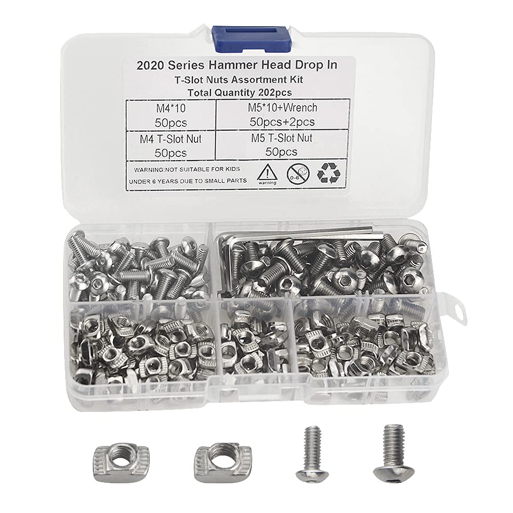 SenQWFa 200 Pieces M4 M5 T Nuts Hammer Head Fastener Nut Drop in T Slot Nut Kit Nickel Plated Carbon Steel with Screws and Wrenches for Aluminum #LDC0825C420