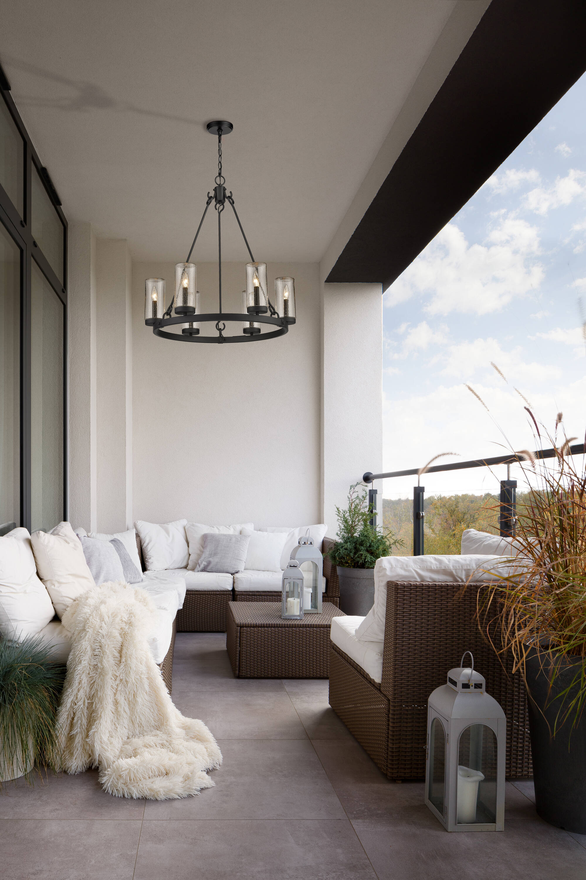 Marlow Matte Black Steel 6-Light Outdoor Pendant with Clear Seedy Glass
