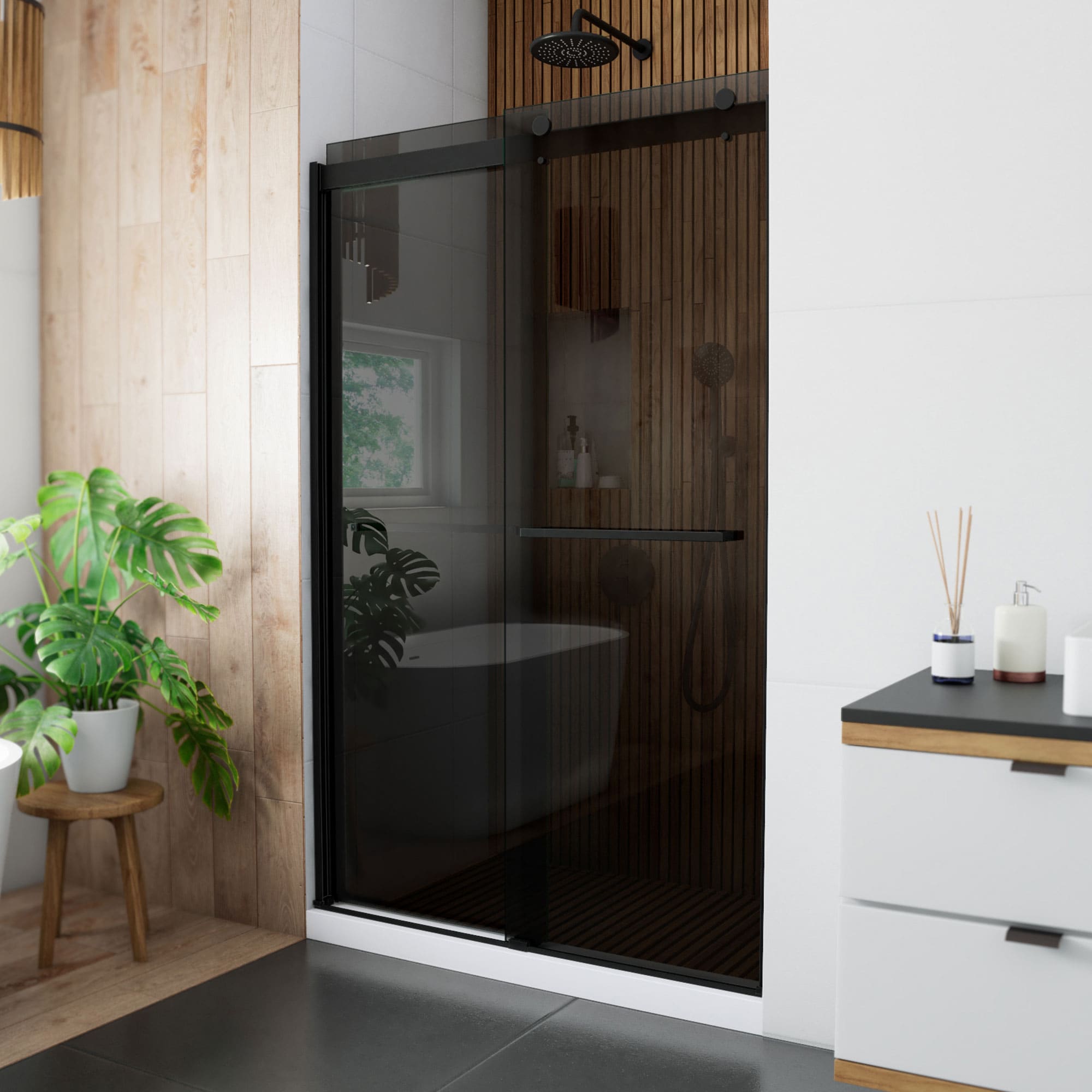 DreamLine SHDR-6348762G09 Sapphire Matte Black 44-in to 48-in W x 76-Inches H Semi-frameless Bypass Sliding Shower door 5/16-in Thick Smoke gray Glass