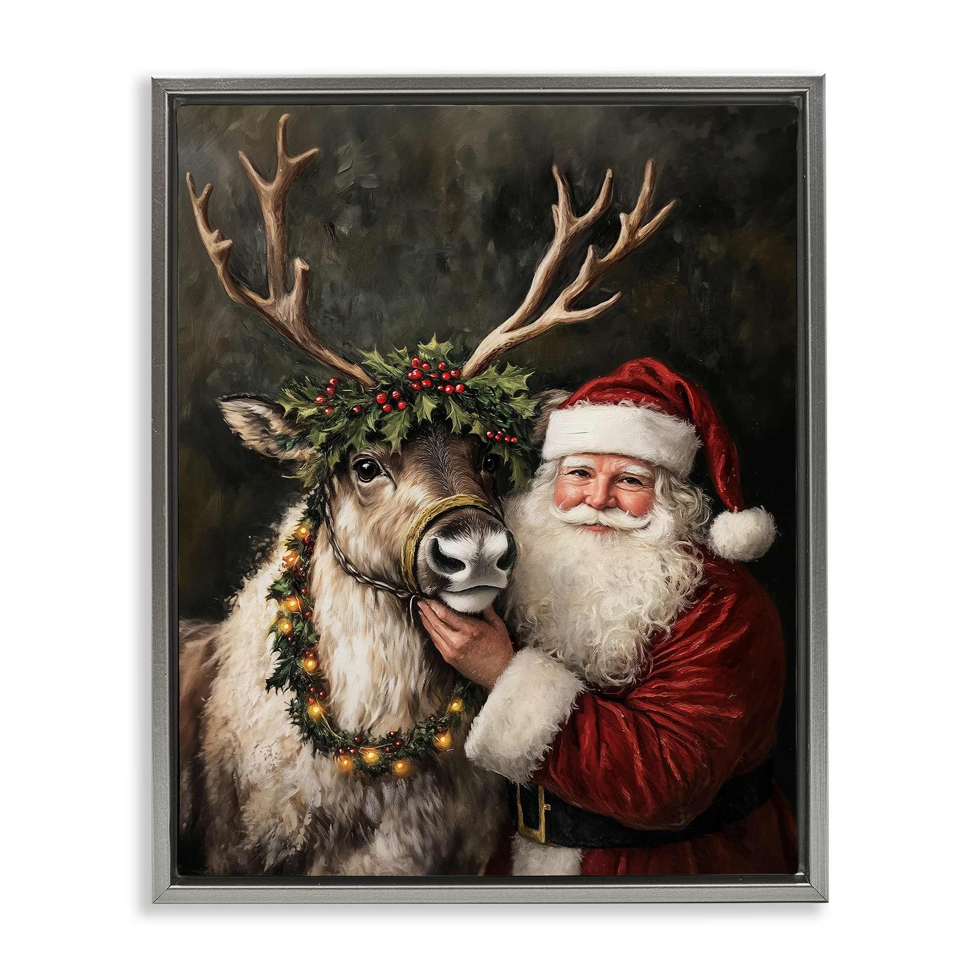 Stupell Industries BT-926-FFL-16X20 Santa and Reindeer Portrait Gray Framed Floater Canvas Wall Art By Arlington Prints 17 x 21