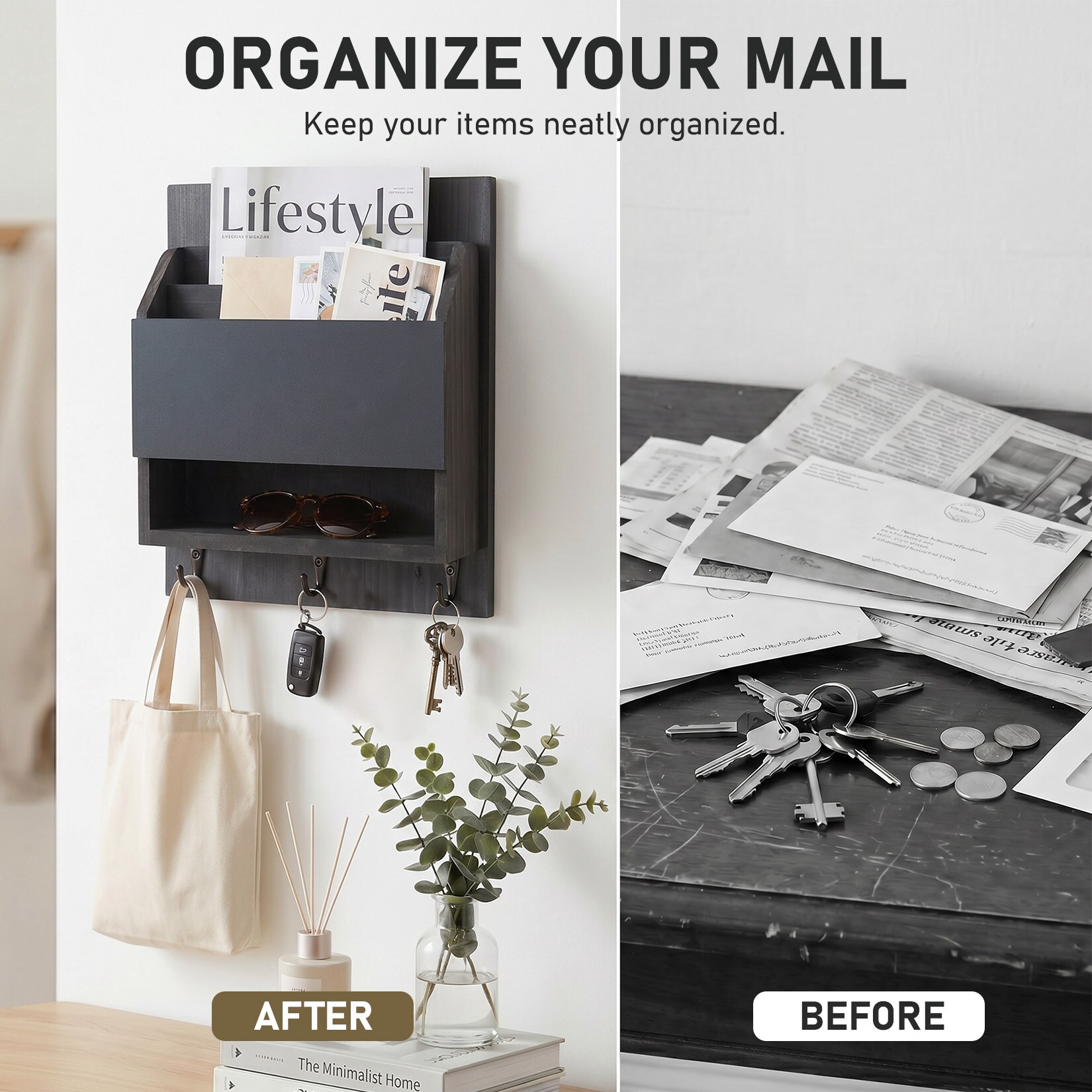 Garvee Wall Mount Wooden Mail Organizer with Chalkboard and Metal Hooks ...