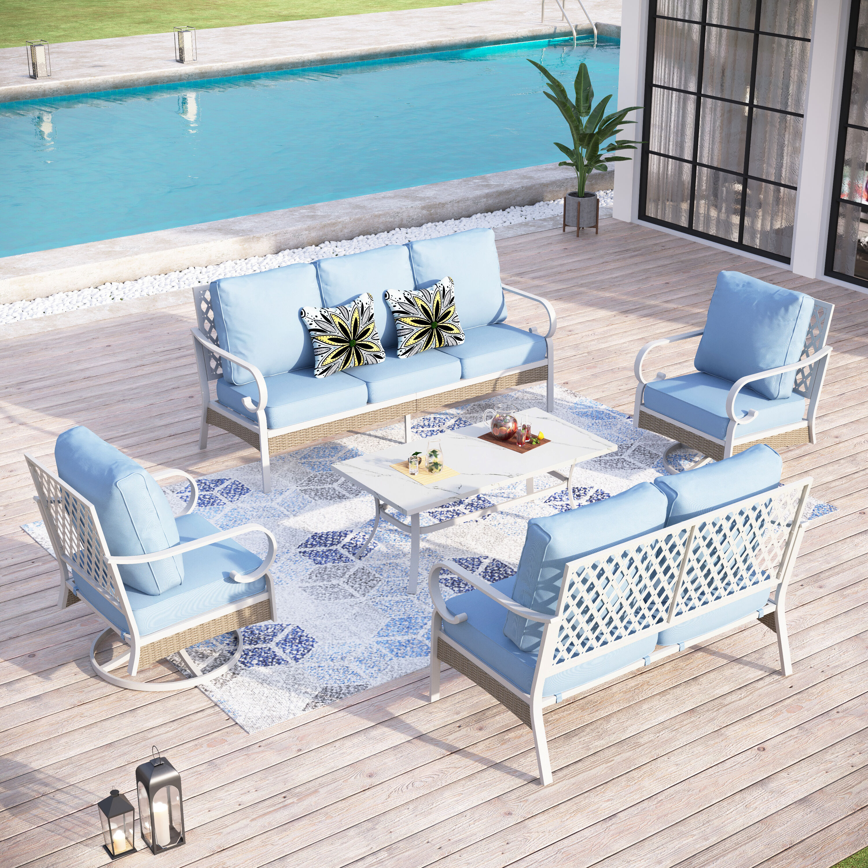 Sunshine Valley CP002-09-7-BL 5-Piece Wicker Patio Sofa Conversation Set with Blue Cushion Pro Cushions