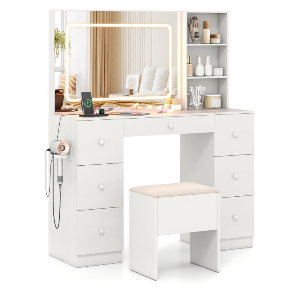 35.5-in Vanity Desk Set with 3-Color LED Mirror AC Outlet 7 Drawers and Storage Stool