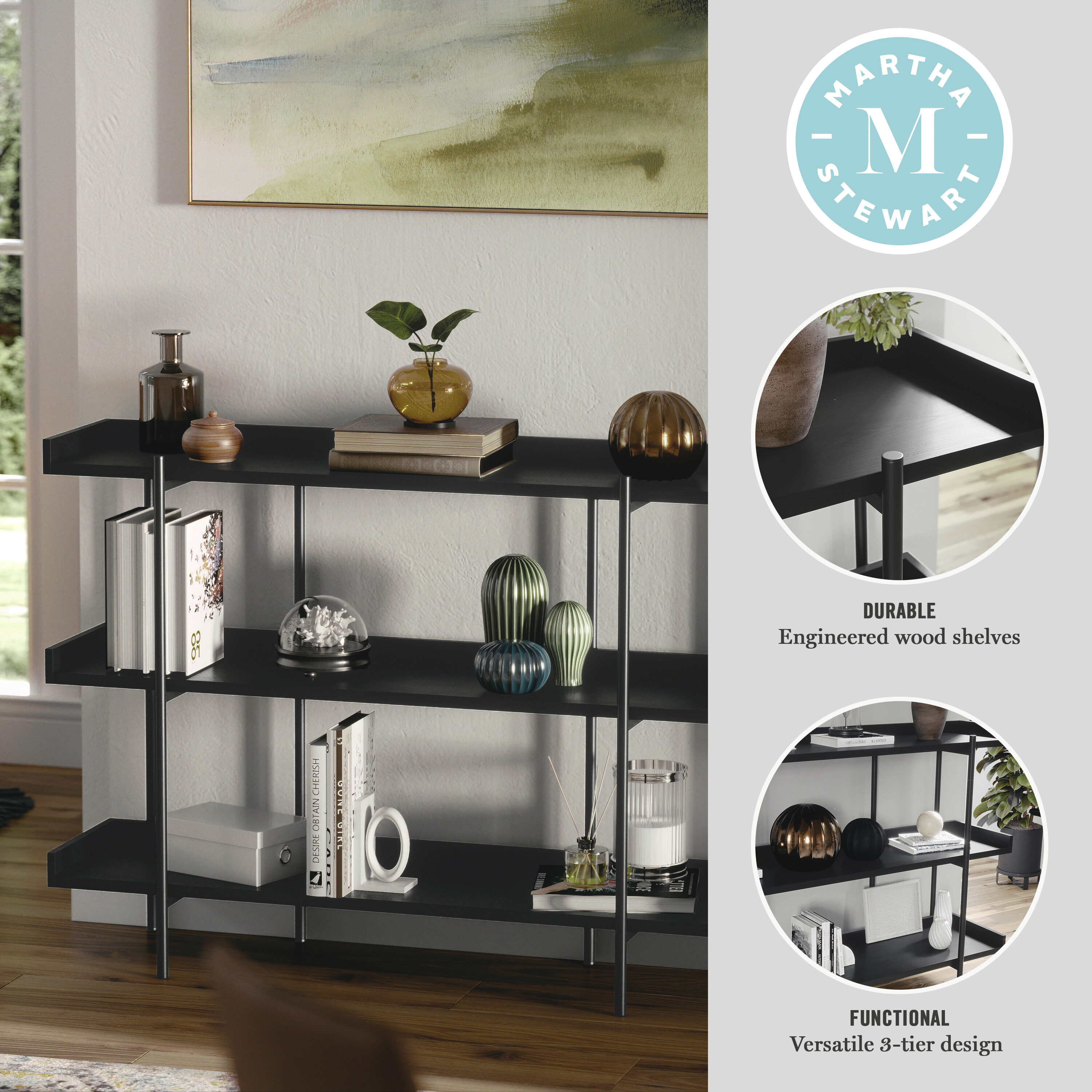 Black Wood Grain 3-Shelf Bookcase with Oil Rubbed Bronze Frame