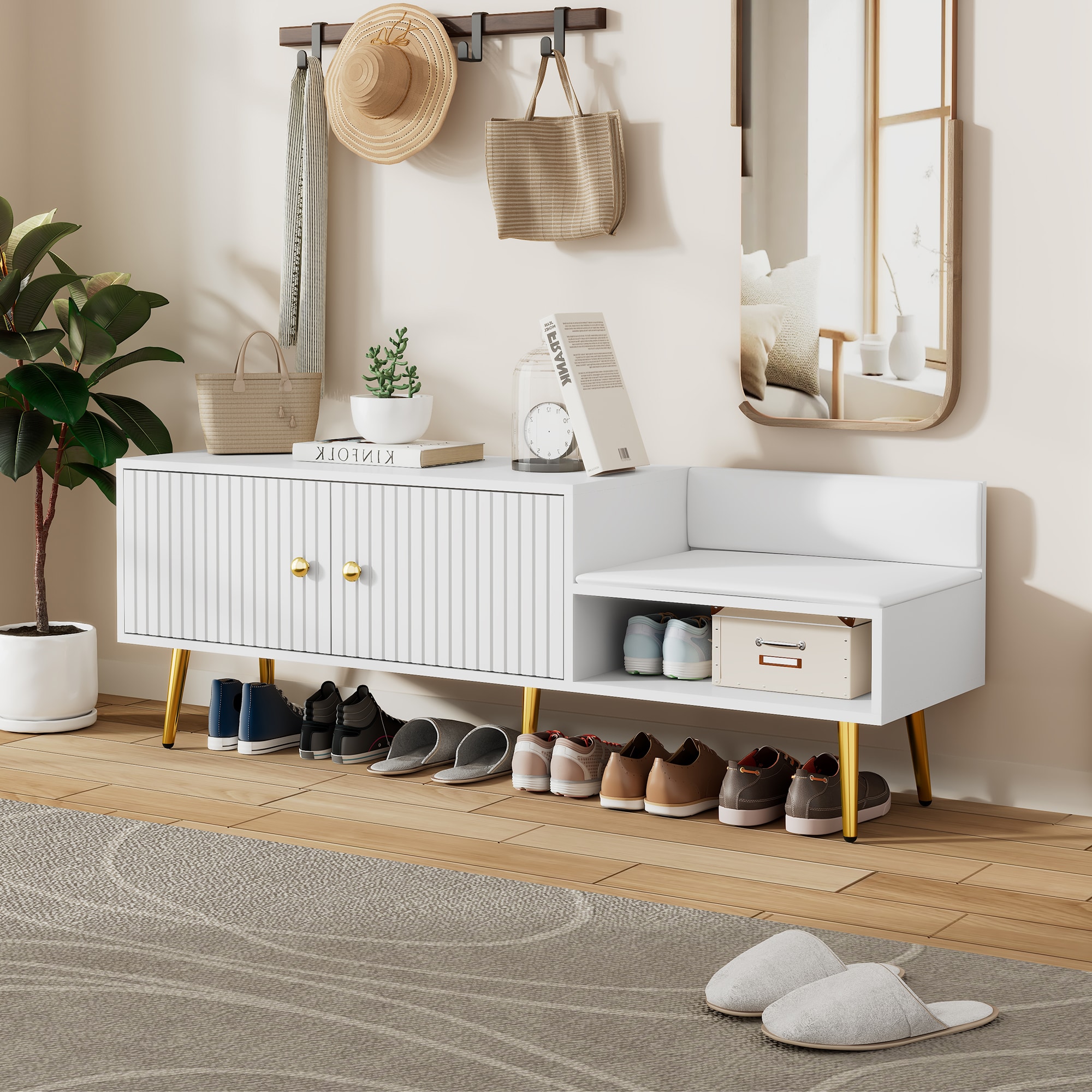 ModernLuxe WF531237AAK Modern Shoe Storage Bench with Hidden Storage and Upholstered Cushions for Bedside Living Room and Entryway White