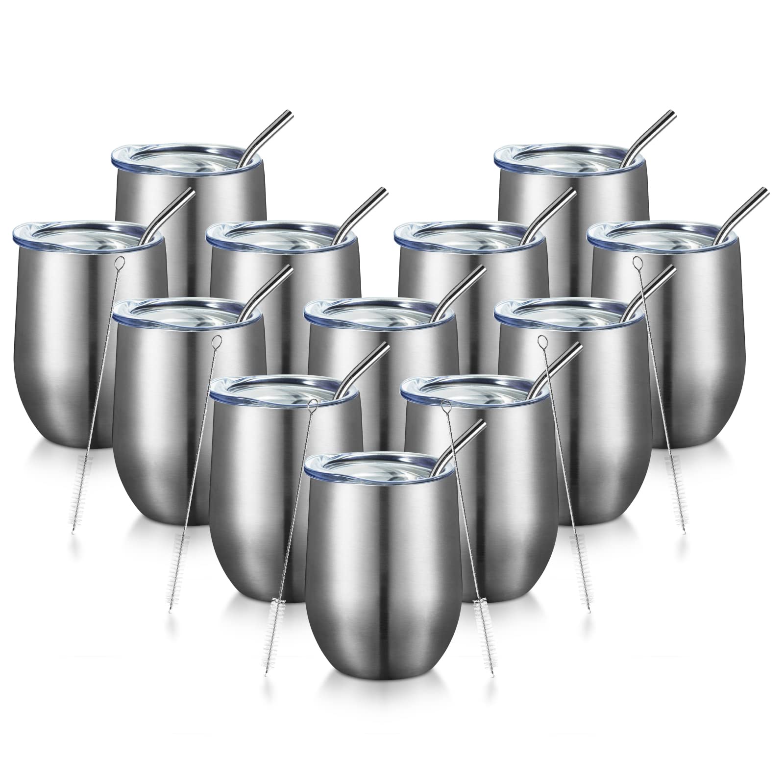 Aoibox  12oz Insulated Stainless Steel Stemless Wine Tumbler with Lid and Straw 12 Pack with Double Wall Vacuum Insulation
