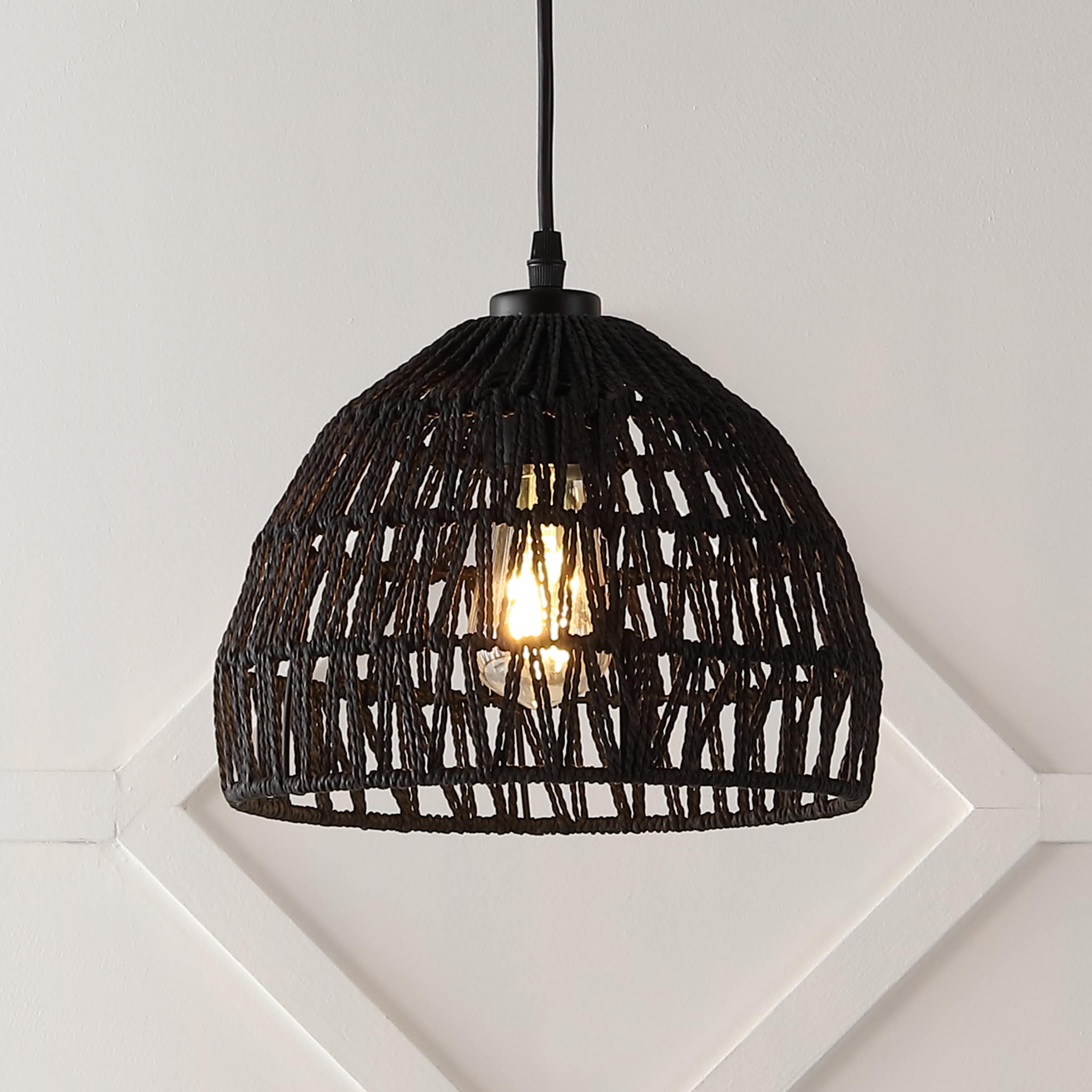 JONATHAN  Y JYL6513B Campana 10.25" Woven Rope/Iron Bohemian 1 -Light Black Coastal Clear glass Dome Medium Hanging Pendant light