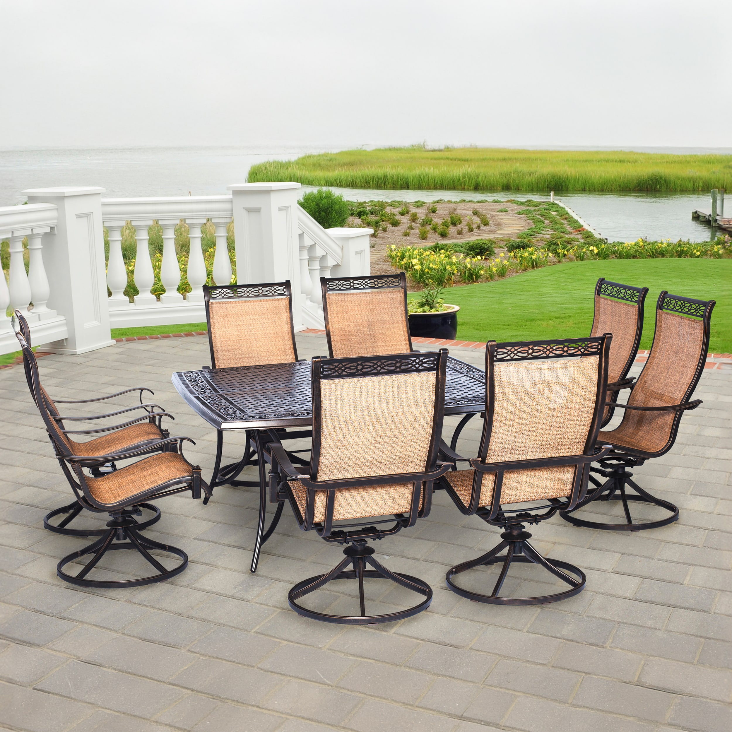 Cedar Cast Aluminum 9-Piece Patio Dining Set with Swivel Rocking Chairs