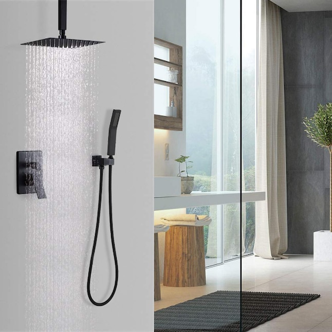 Wellfor 10 In Matte Black Rain Spray, Ceiling Mounted Shower Head With Handheld