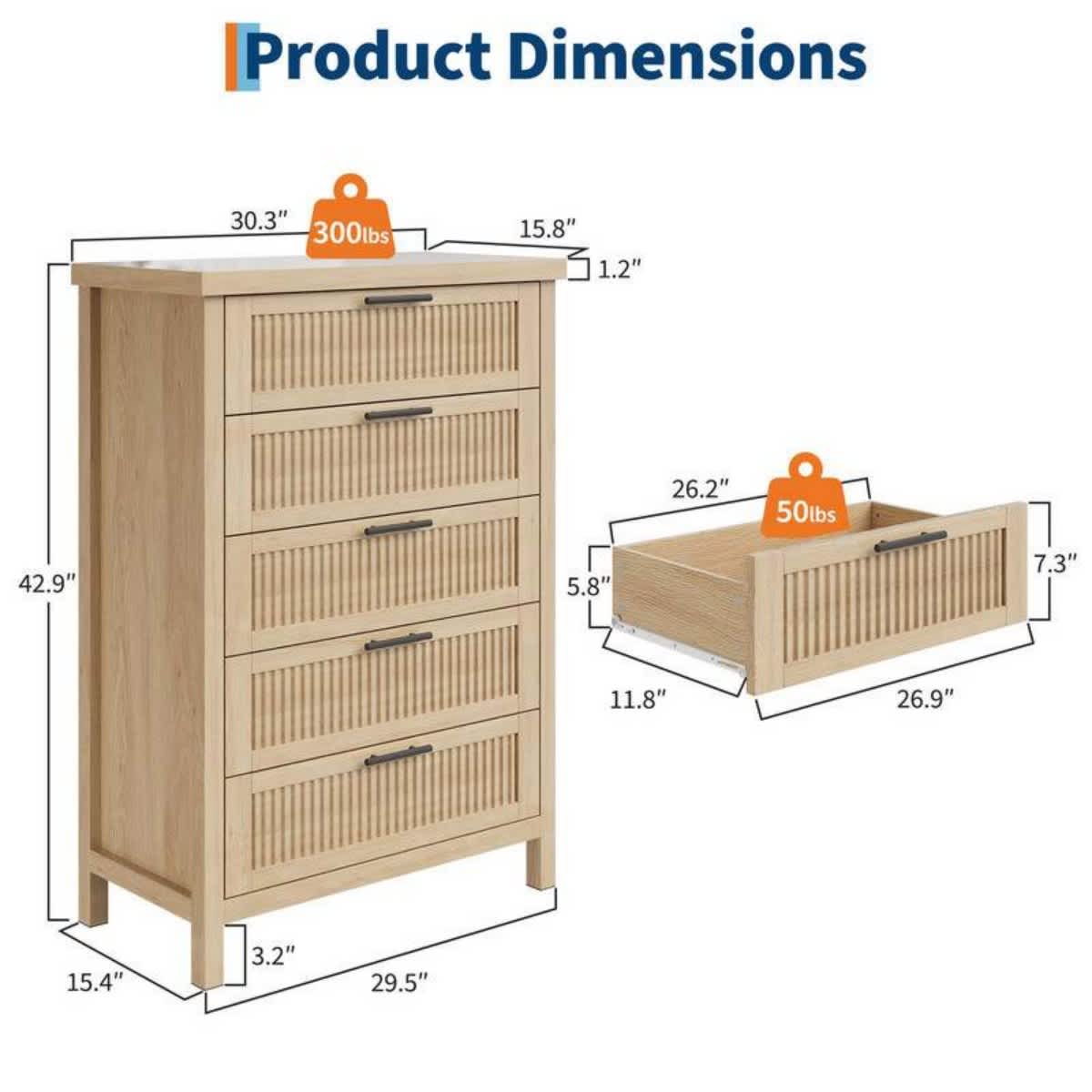 Garvee Modern Fluted 5 Drawers Dresser for Bedroom Chest of Dressers ...