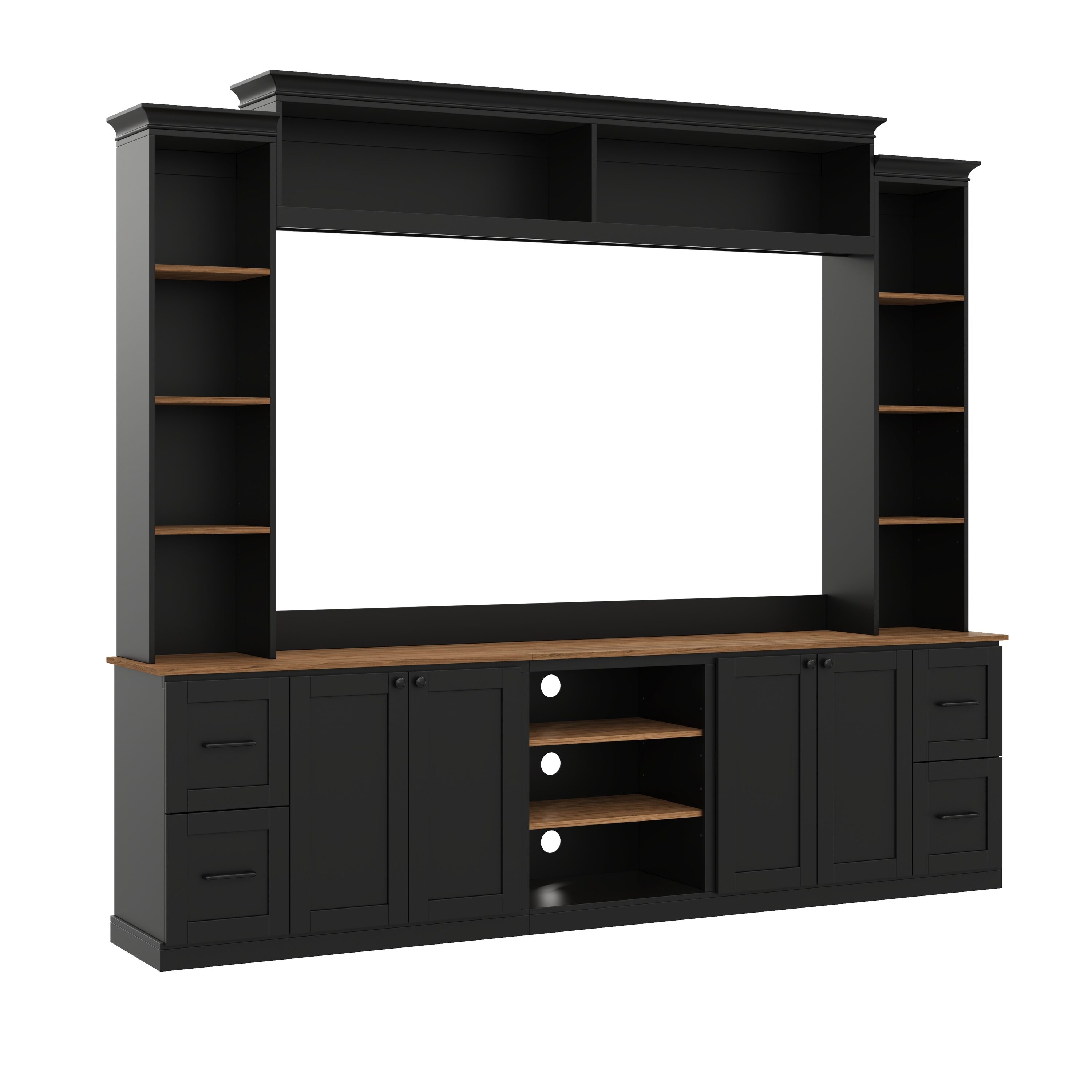 Horizons Prime 95 inch Black Walnut MDF and Particle Board 4-in-1 Entertainment Center Wall Unit with Bookshelf for TVs Up to 70 inch with Adjustable Shelves and Drawers