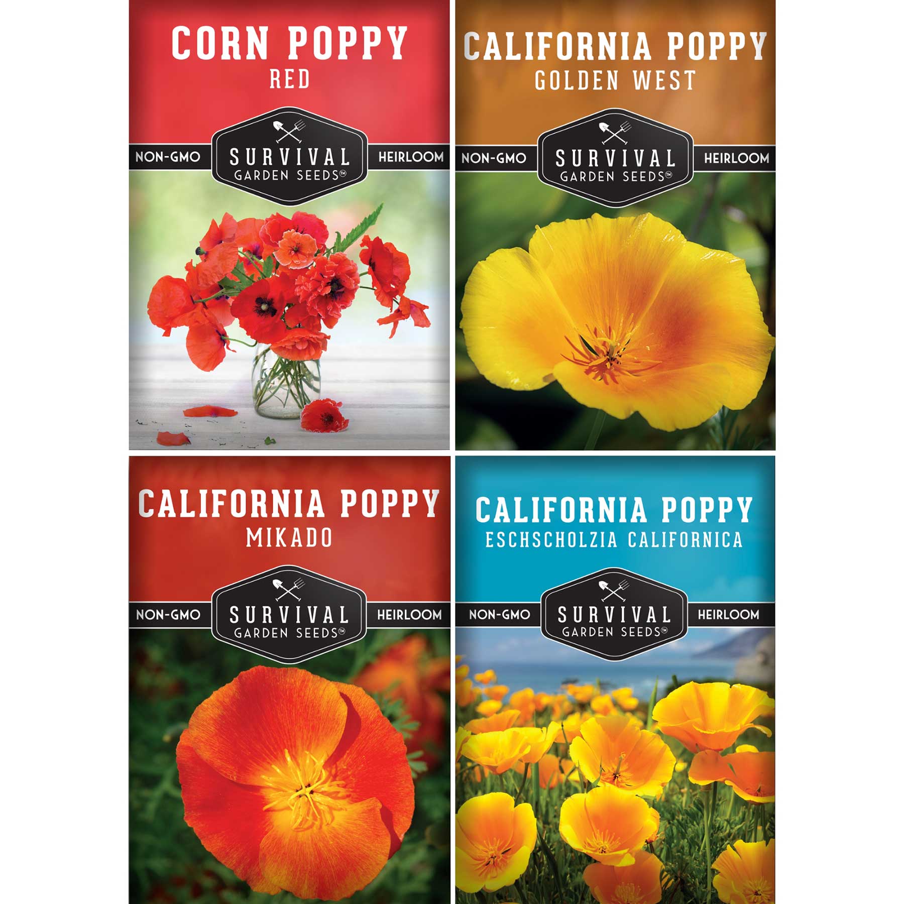 Survival Garden Seeds - 4 Variety Heirloom Poppy Flower Seed Collection