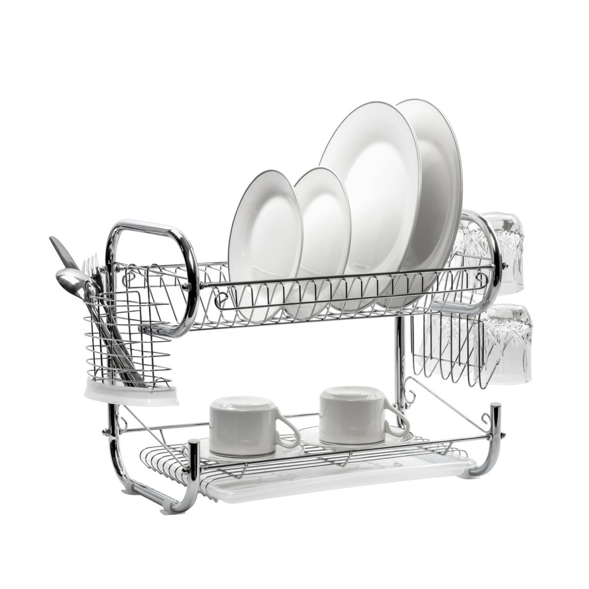 Classic 2 Tier Stainless Steel Dish Drainer Drying Rack Dish Rack Over Sink  for Kitchen Countertop with Utensil Holder Hooks Standing Dish Drainer
