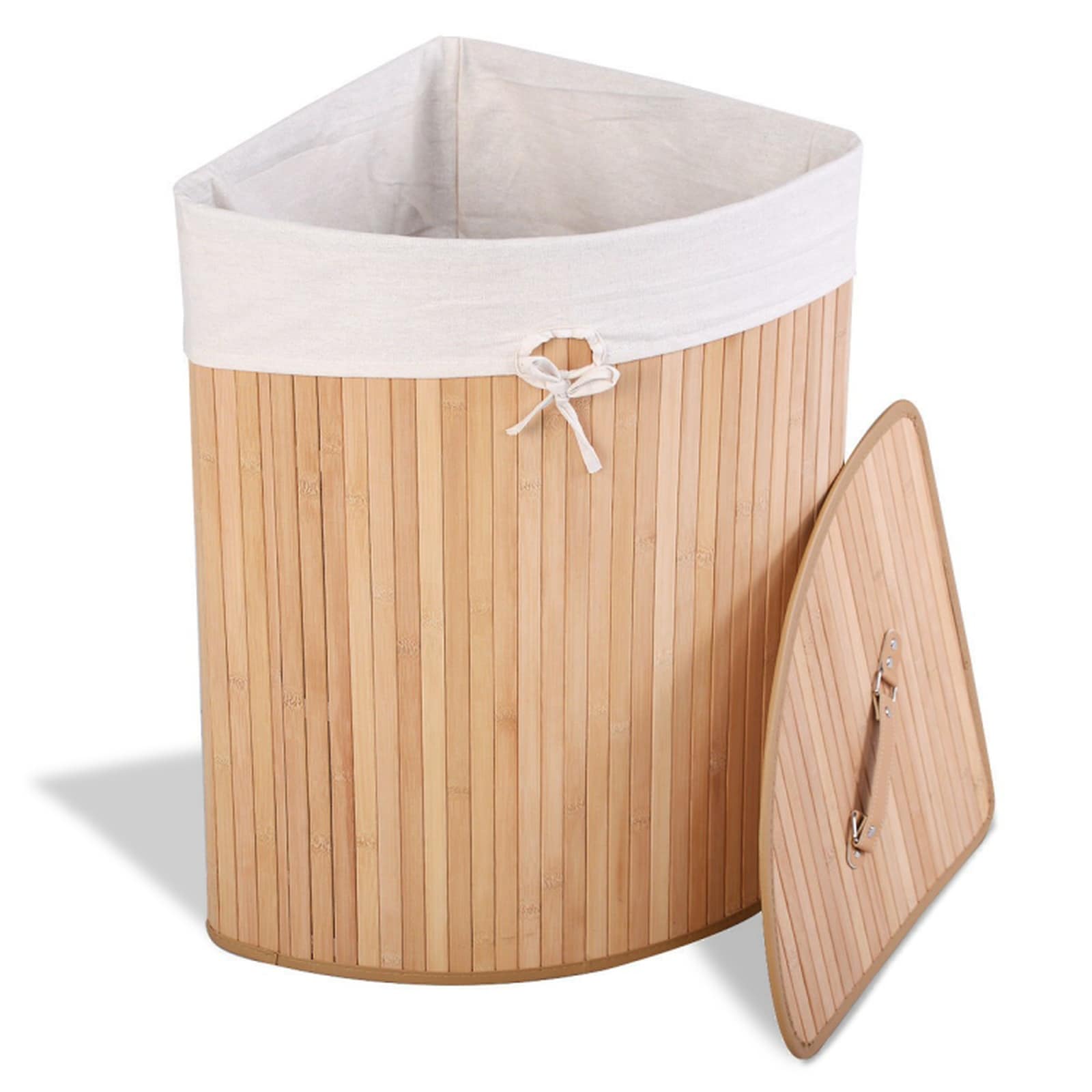 SUGIFT Corner Bamboo Space-Saving Removable Liner Laundry Hamper Basket