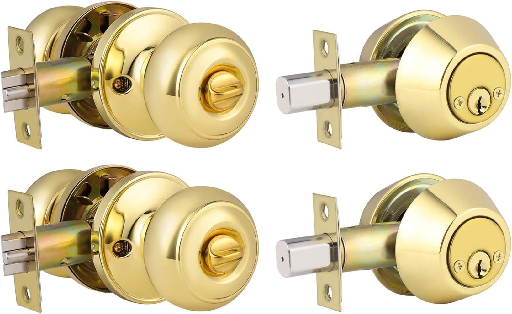 SenQWFa  Polished Brass Round Entry Door Knobs and Deadbolt Combination Set Keyed Alike Double Cylinder Door Lock Set durable home and garden
