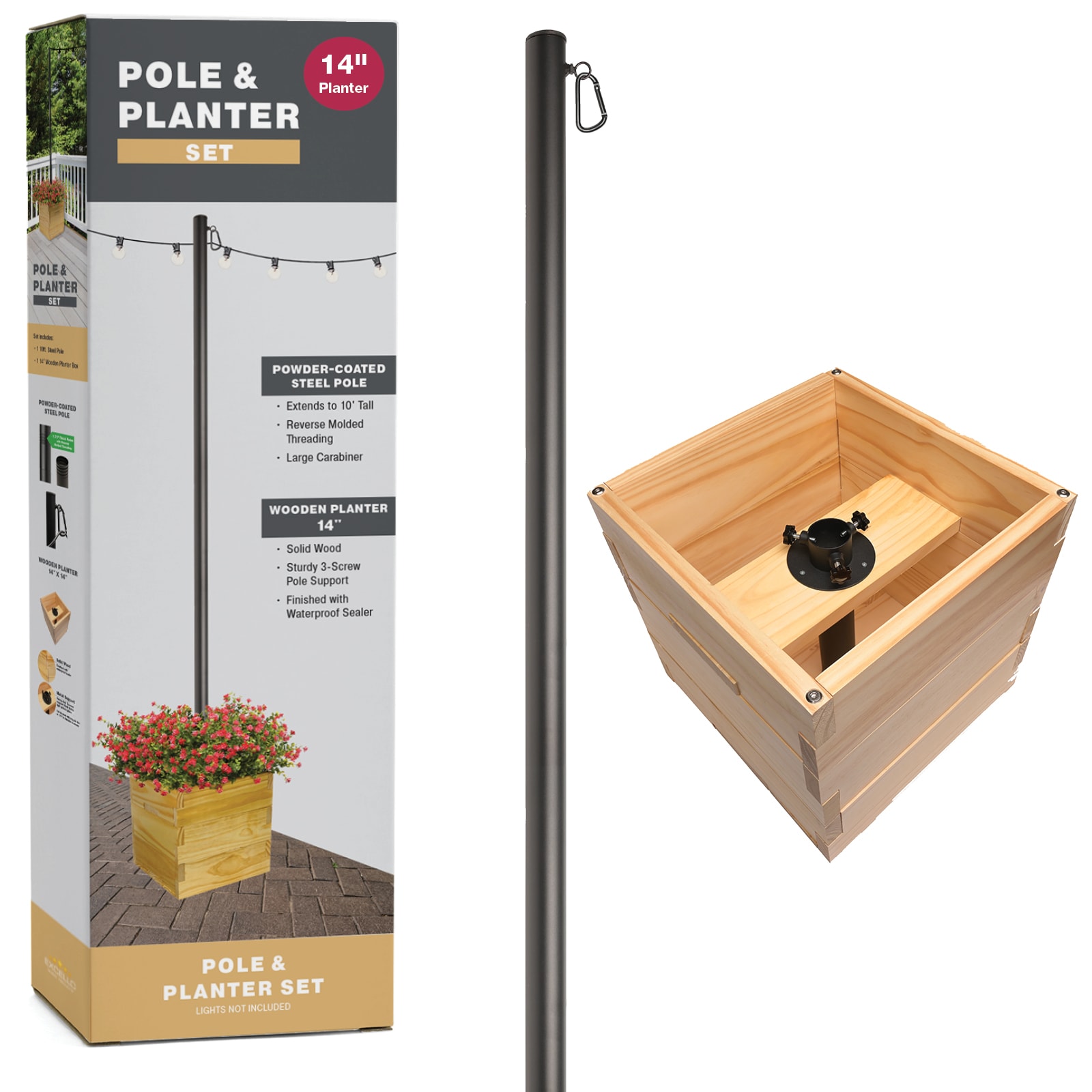 Excello Global Products Large 14 In X 14 In Wooden Planter Box and String  Light Pole Set in the Landscape Lighting Accessories department at