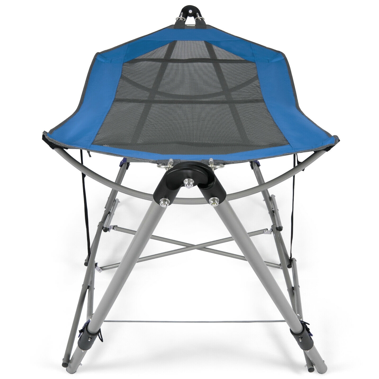 Blue Folding Hammock with Iron Stand and Side Pocket