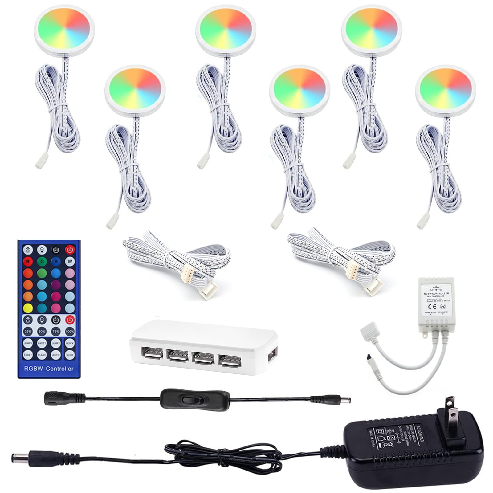 Anqtovp  RGBWW LED Under Cabinet Lighting Kit 6 Piece Multicolor Puck Lights 40 Key Remote 18W 12V for Kitchen Shelf Counter Closet