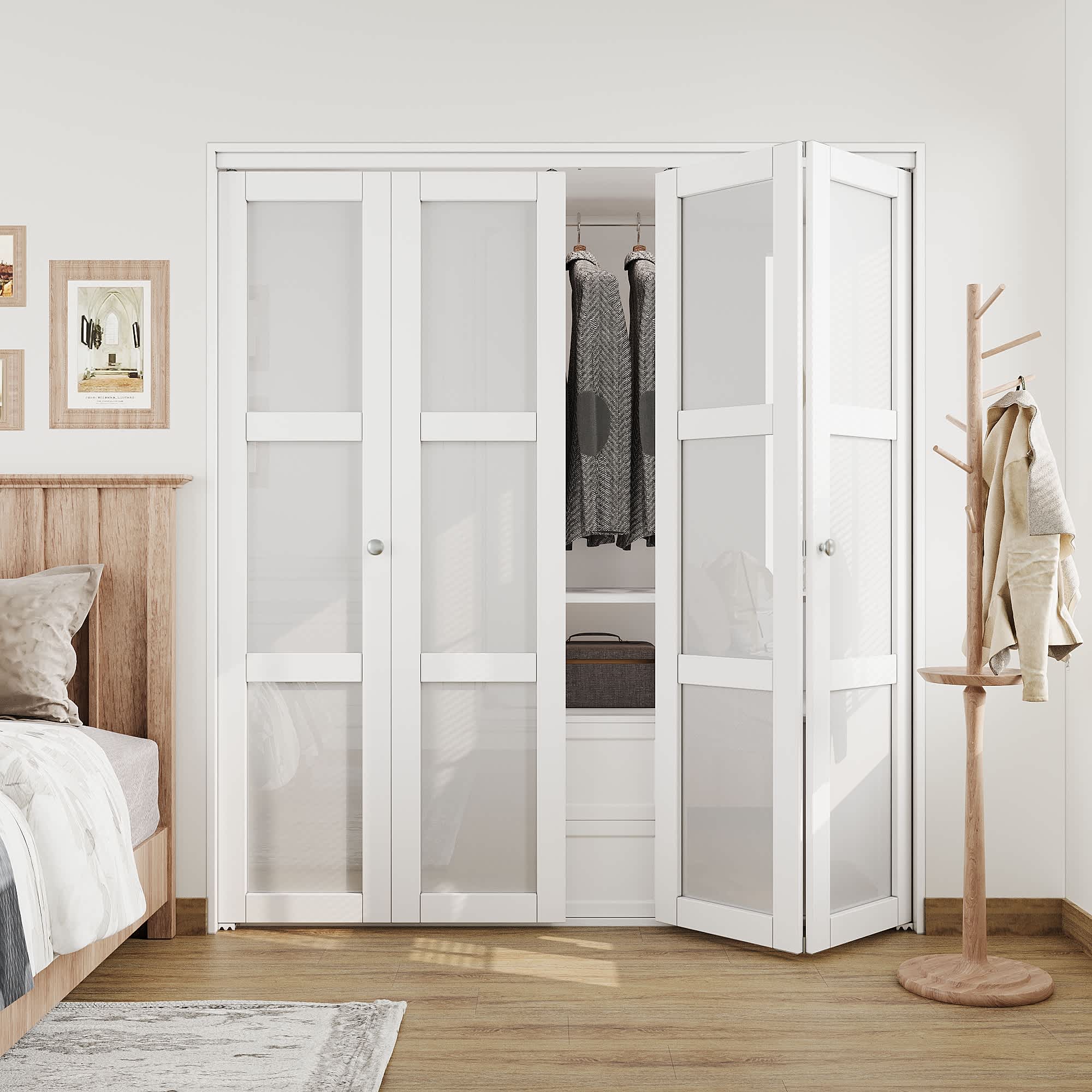 Ark Design White 3 Lite Closet Bi-Fold Doors Tempered Frosted Glass Folding Door Solid MDF Closet Door Prefinished Surface Pre-Drilled Holes 72-in x 80-in