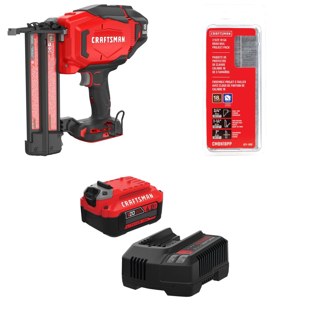 CRAFTSMAN   V20 2-in 18 -Gauge Cordless Straight Brad Nailer (4.0 Ah Battery & Charger Included) and 3/4-in 1-1/4-in 2-in 18 -Gauge Straight Galvanized Collated Brad nails Bundle