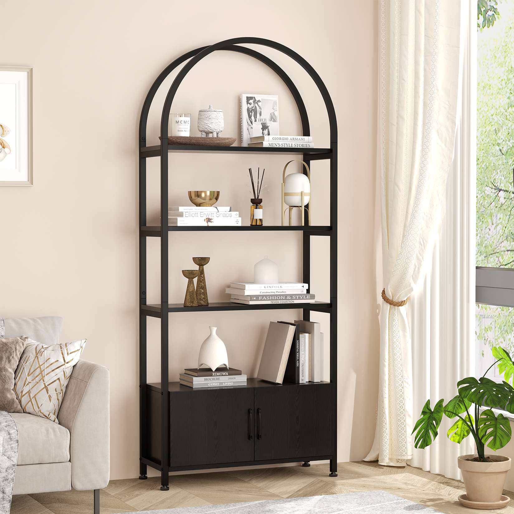 Qeetex JXNAG-PHO-10H4T9X2 4 Tier Arched Bookshelf with Doors Storage 71.5 Inch Tall Industrial Book Shelf with Metal Frame Open Curved Bookcase Display Shelf for Living Room and Office-Black