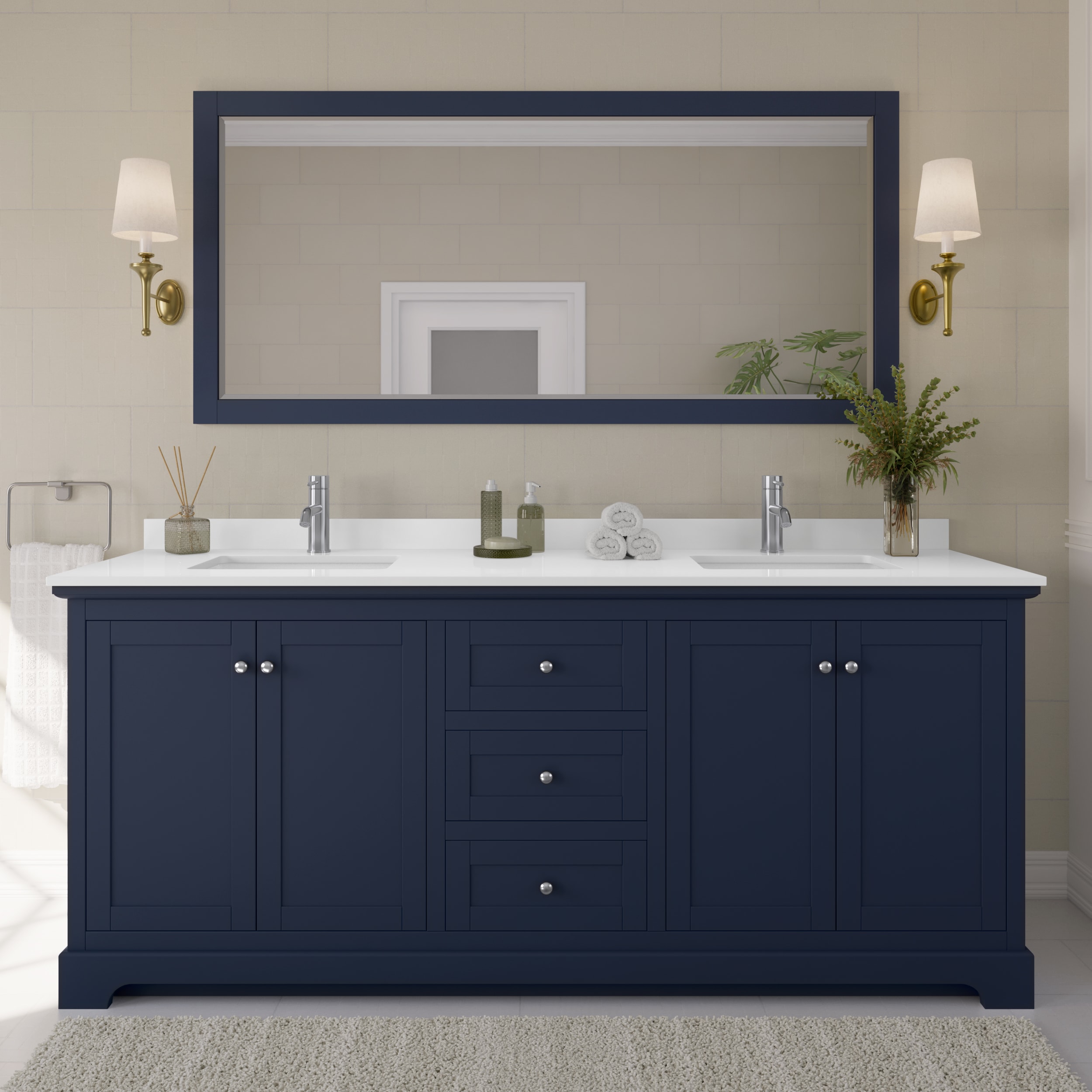 Wyndham Collection WCV232380DBCWQUNSMXX Avery 80-in Dark Blue with Polished Chrome Trim Undermount Double Sink Bathroom Vanity with White Quartz Quartz Top