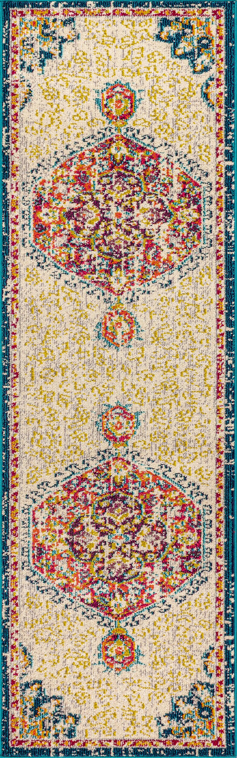 Bohemian Flair Cream and Orange Synthetic Runner Rug, 2'-3" x 8'