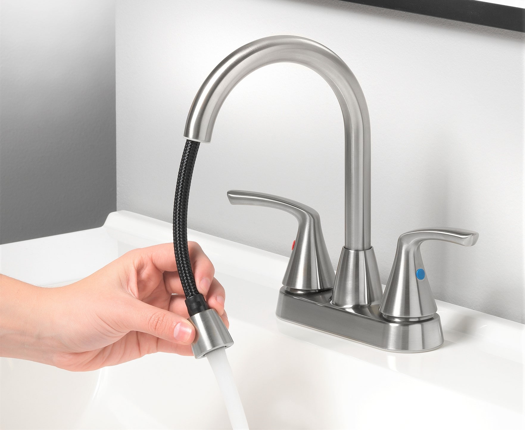 Homewerks Worldwide H13L-421-BN Brushed nickel 4-in centerset 2-handle WaterSense Swivel Residential Handle Pull-down Bathroom Sink Faucet with Drain