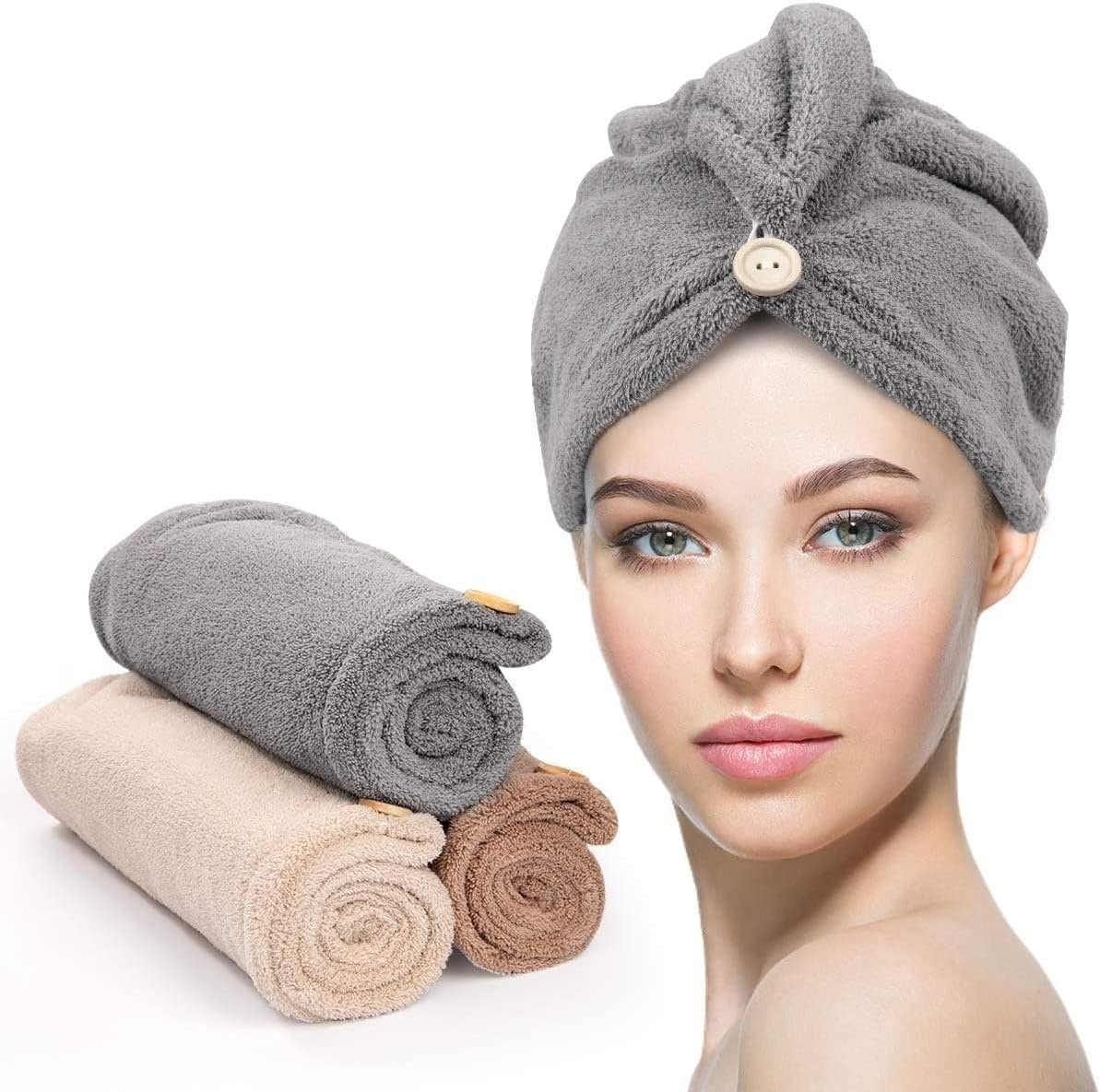 Yichuhaoxi  3 pack microfiber hair towels with button super absorbent fast drying hair wraps for women girls curly hair