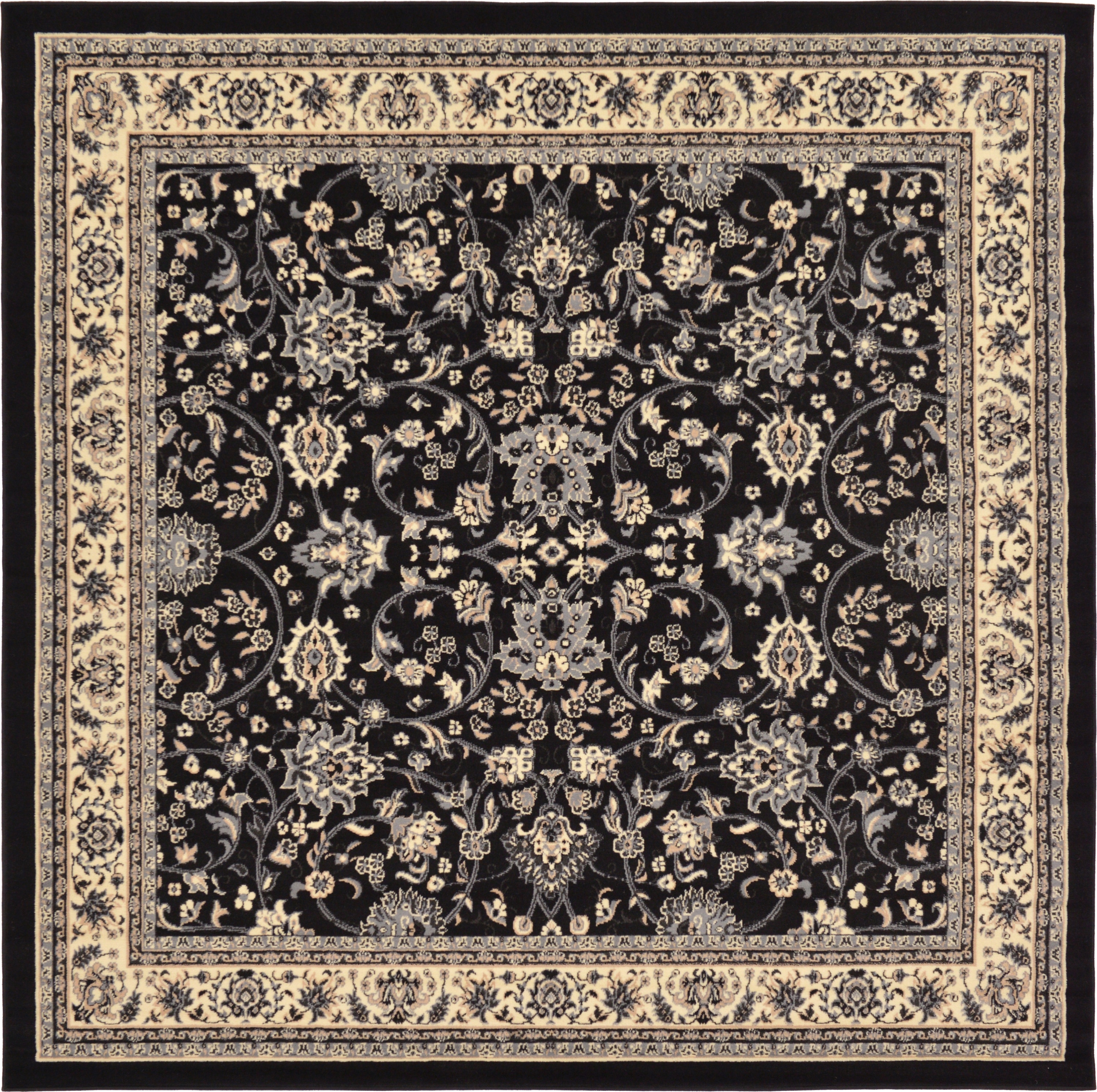 Unique Loom 3124967 Washington Sialk Hill 8 x 8 (ft) Loomed Polypropylene Black/Gray Square Indoor Floral/Botanical Vintage Area rug