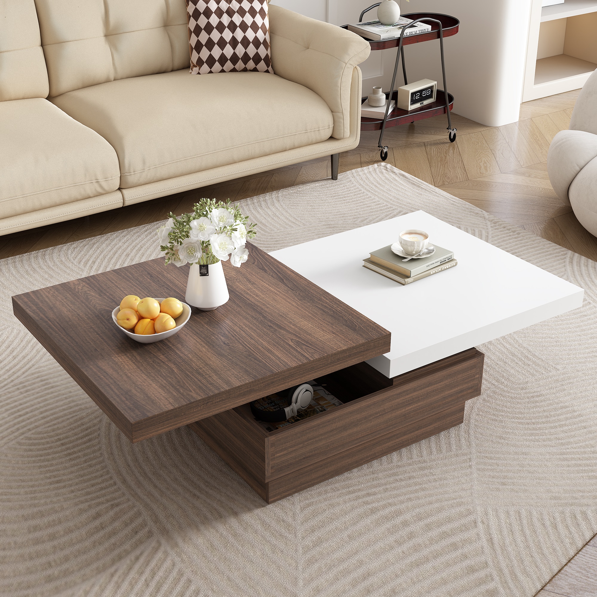 ModernLuxe L3P-N724P195145K Rotatable Top Coffee Table Modern Square Coffee Table with Wood Grain Design 1 Hidden Storage Space for Living Room WhiteBrown