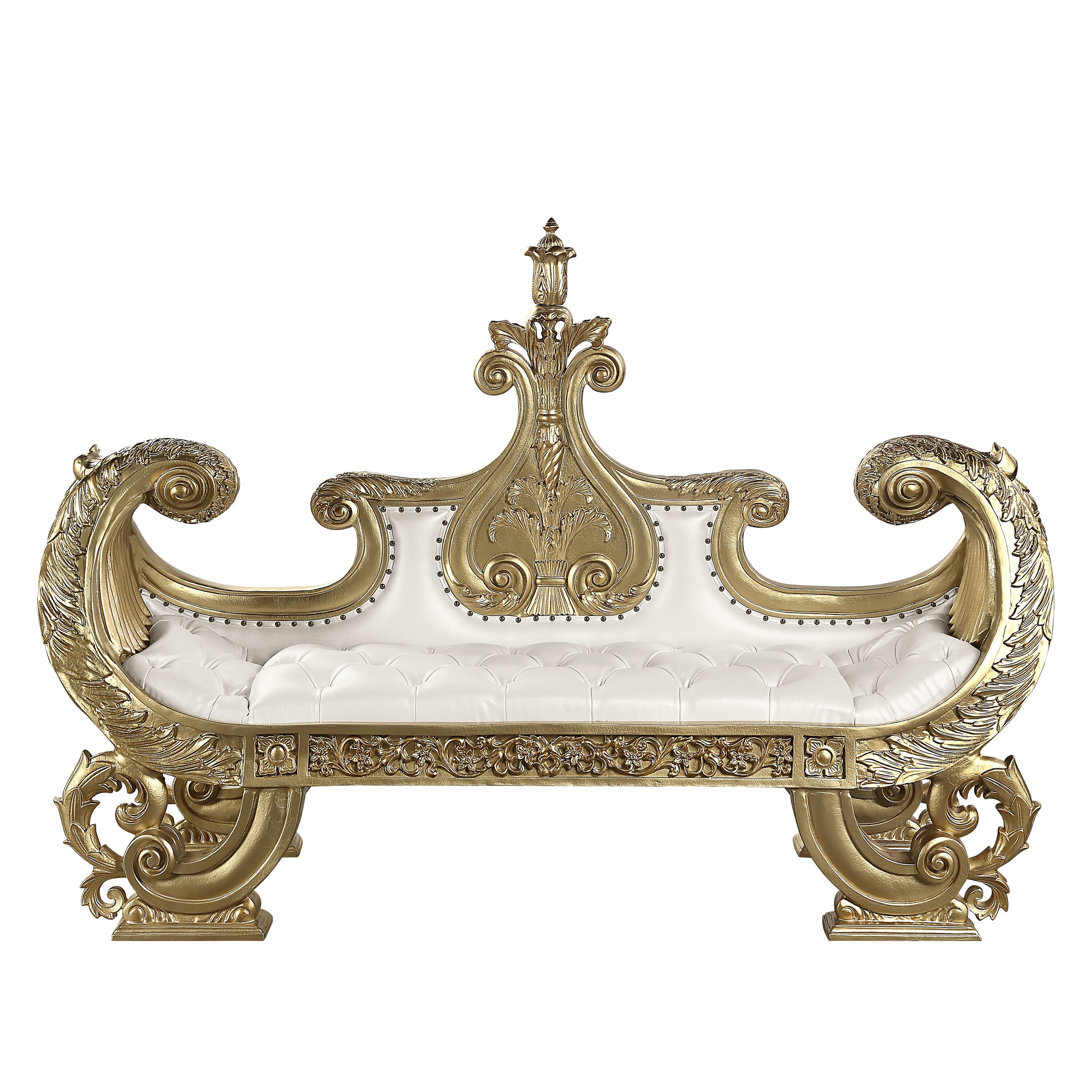 Bernadette White and Gold Synthetic Leather Bench with Intricate Scrollwork