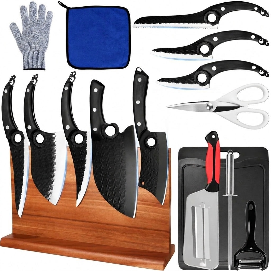 Aoibox  Kitchen Knife Set with Magnetic Block Cutting Board Sharpener Rod Scissors and Gloves High Carbon Steel