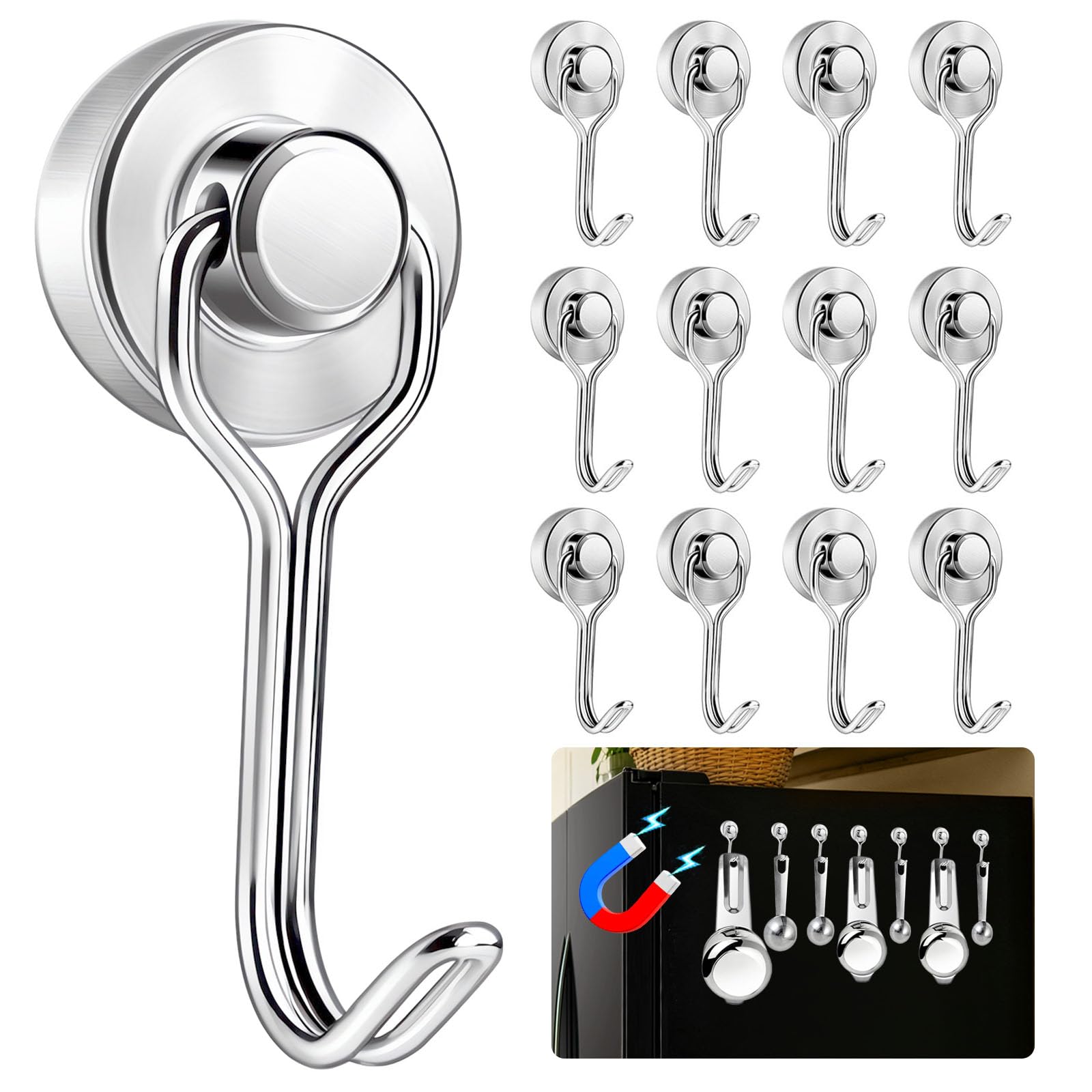 Phyfalip  Magnetic Hooks 12 Pack Strong Utility Hooks for Measuring Cups and Spoons Kitchen Refrigerator Organizer Silver