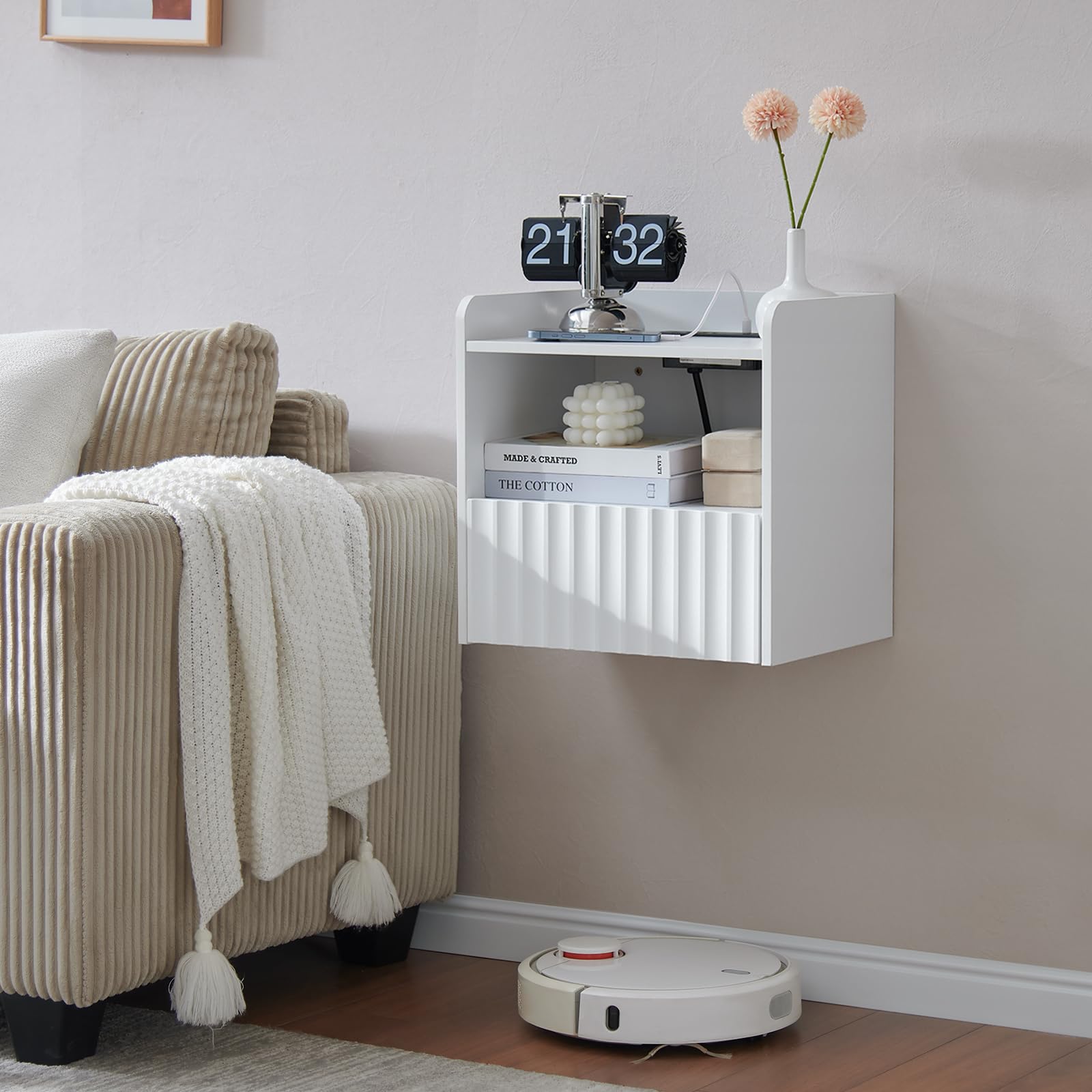 KIWDZFU  Modern Fluted Floating Nightstand Wall Mounted Bedside Table with Storage Drawer and Display Shelf Matte White durable home and garden