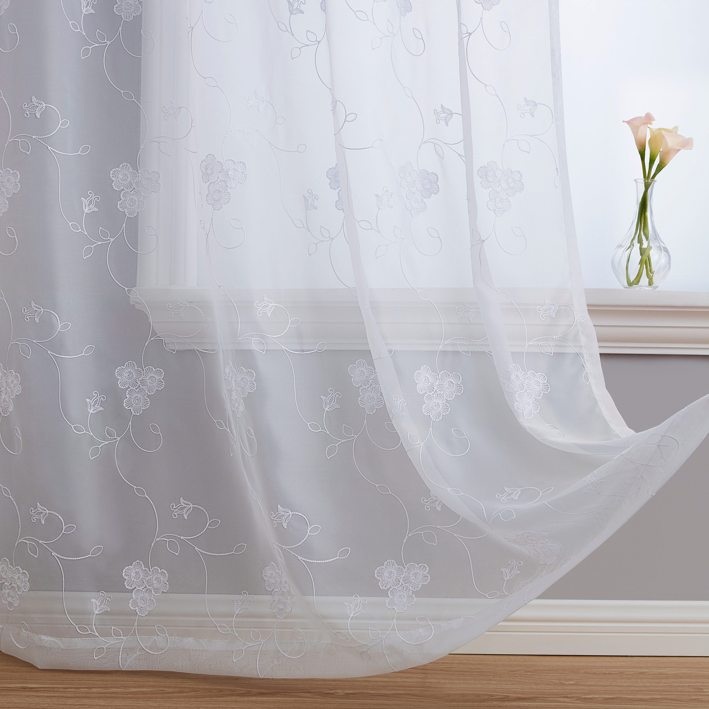 HLC.me ALGRA-WHT96 96-Inches White Floral Semi-sheer Rod pocket Curtain panel pair